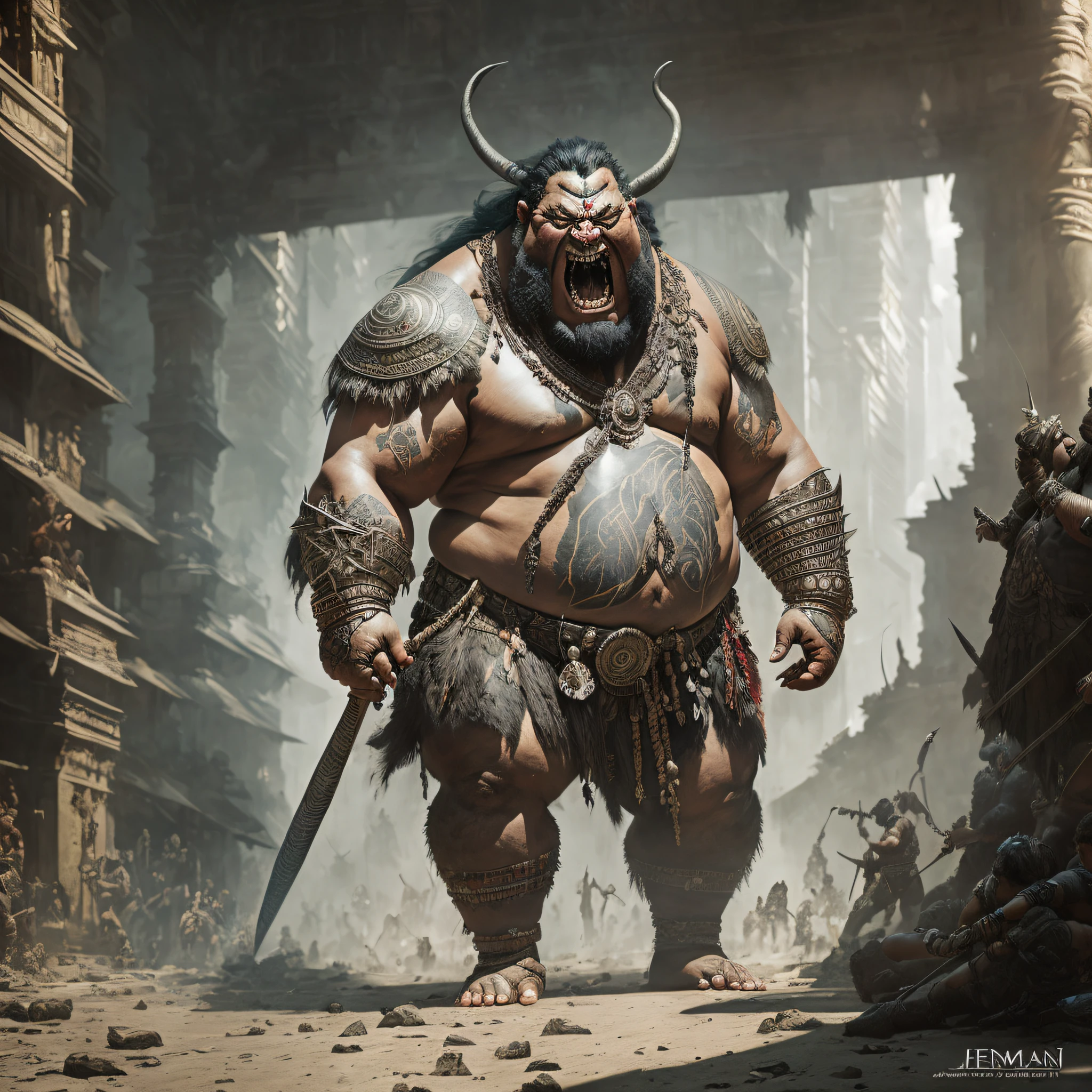 full body photo, fat,troll,tribal warrior, fantastic creature, detailed skin, open mouth, rage,modelshoot style, (extremely detailed CG), photo of beautiful artworks, (Antonio Moro), (Jeremy Mann), High detail, sharp focus, dramatic+, (photorealistic), Intricate, beautiful --auto --s2