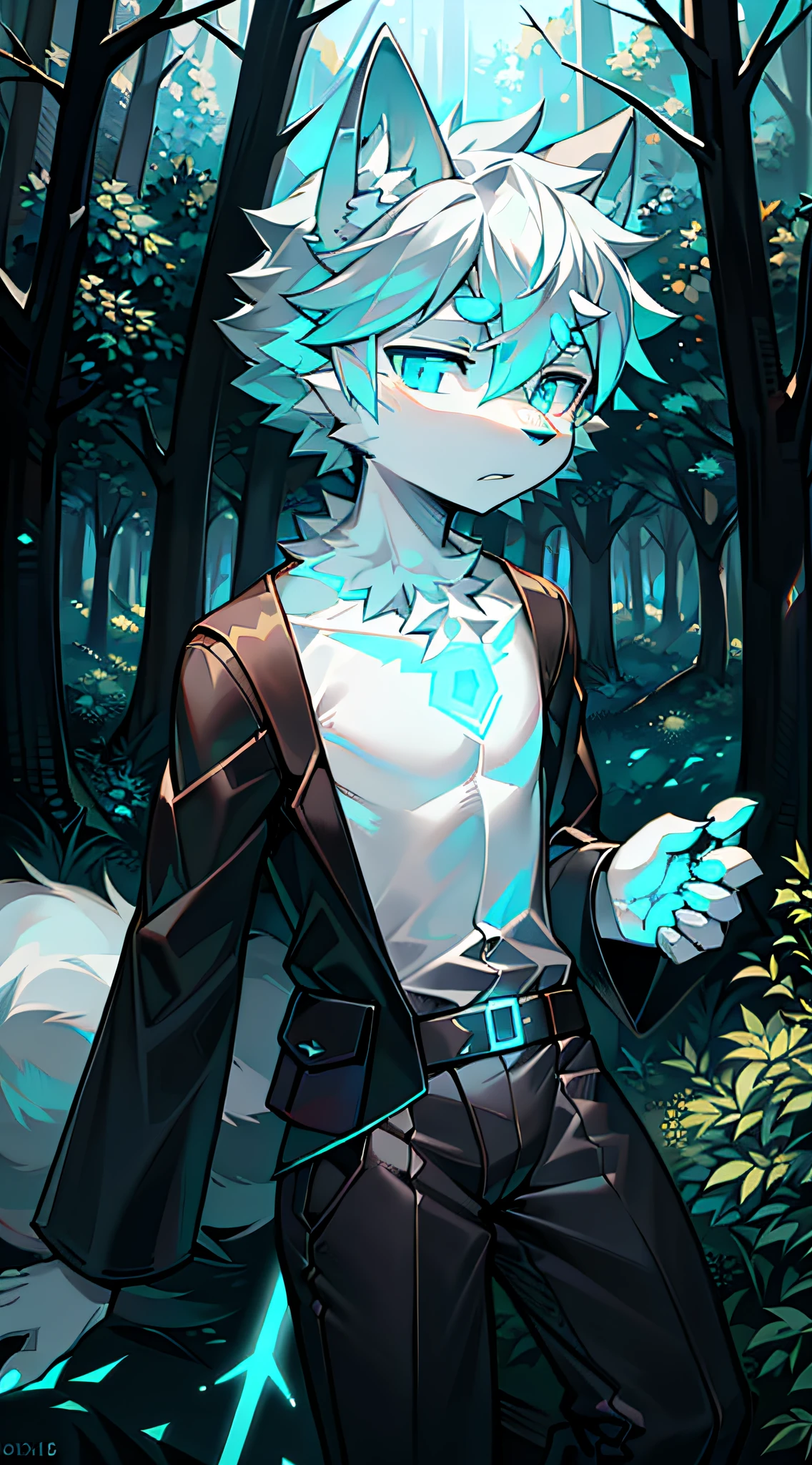 wolf,(white and gray body),(forest1.15),people,((small glowing eye, cyan eye:1, blue eye:1.1)), 1 boy