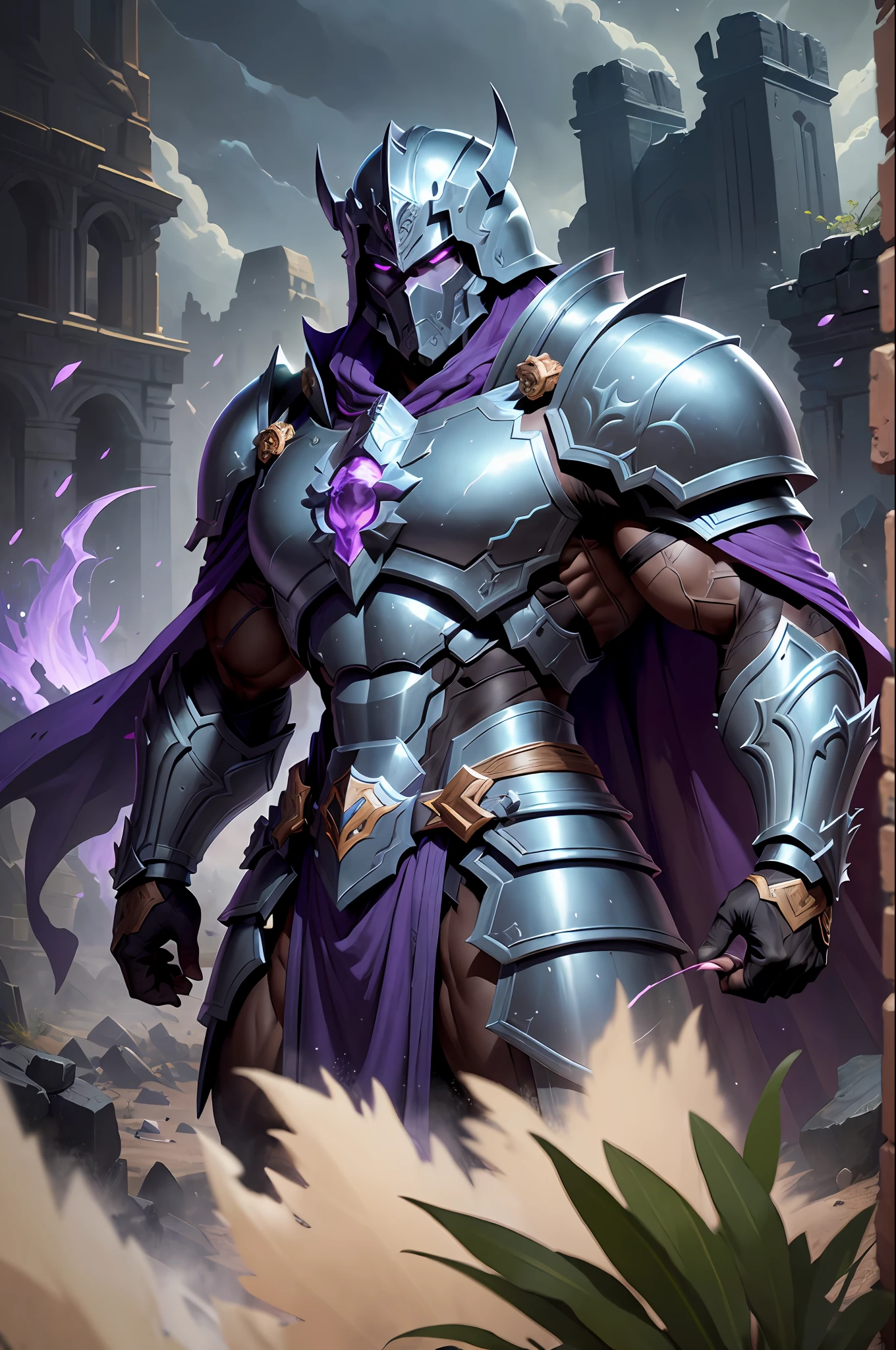 ((best quality)), ((masterpiece)), (detailed), (fully armored) blackguard evil paladin stands imposing in an ancient lost city. Muscular perfect body, handsome and masculine face, very short hair. Moonlight highlights his heavy dark grey armor, purple cape and accents and scars. The scenery is mysterious, with ruins and vegetation. The camera details everything.