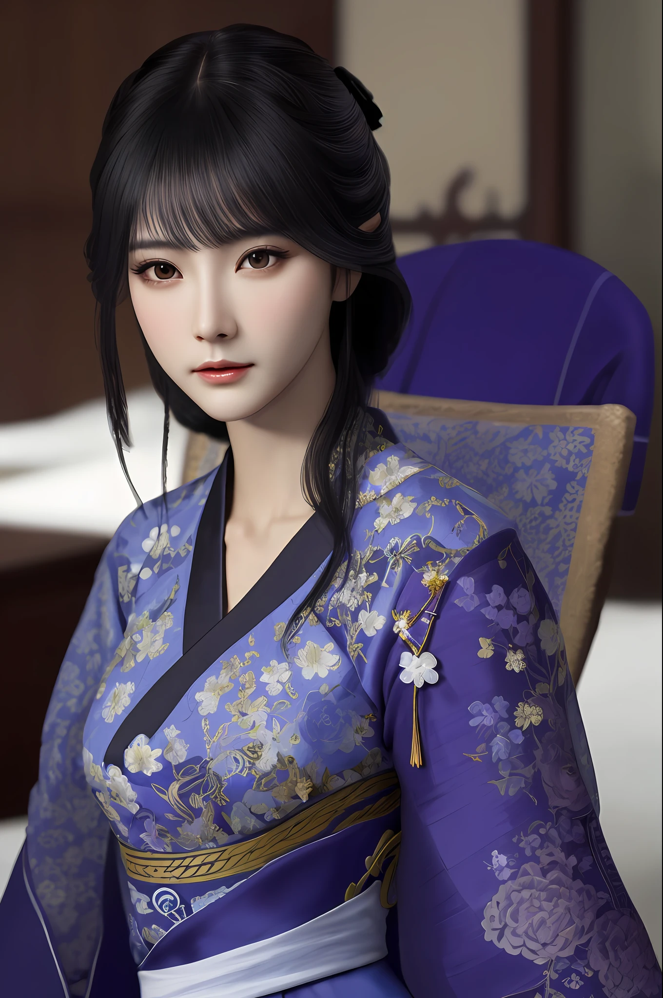 Very detailed eyes, very detailed face, very beautiful woman, best quality, super detailed (photorealistic), very delicate and beautiful legs, beautiful black eyes, absurdity, very detailed facial expression, professional illustration, shy, Genshin Raiden General