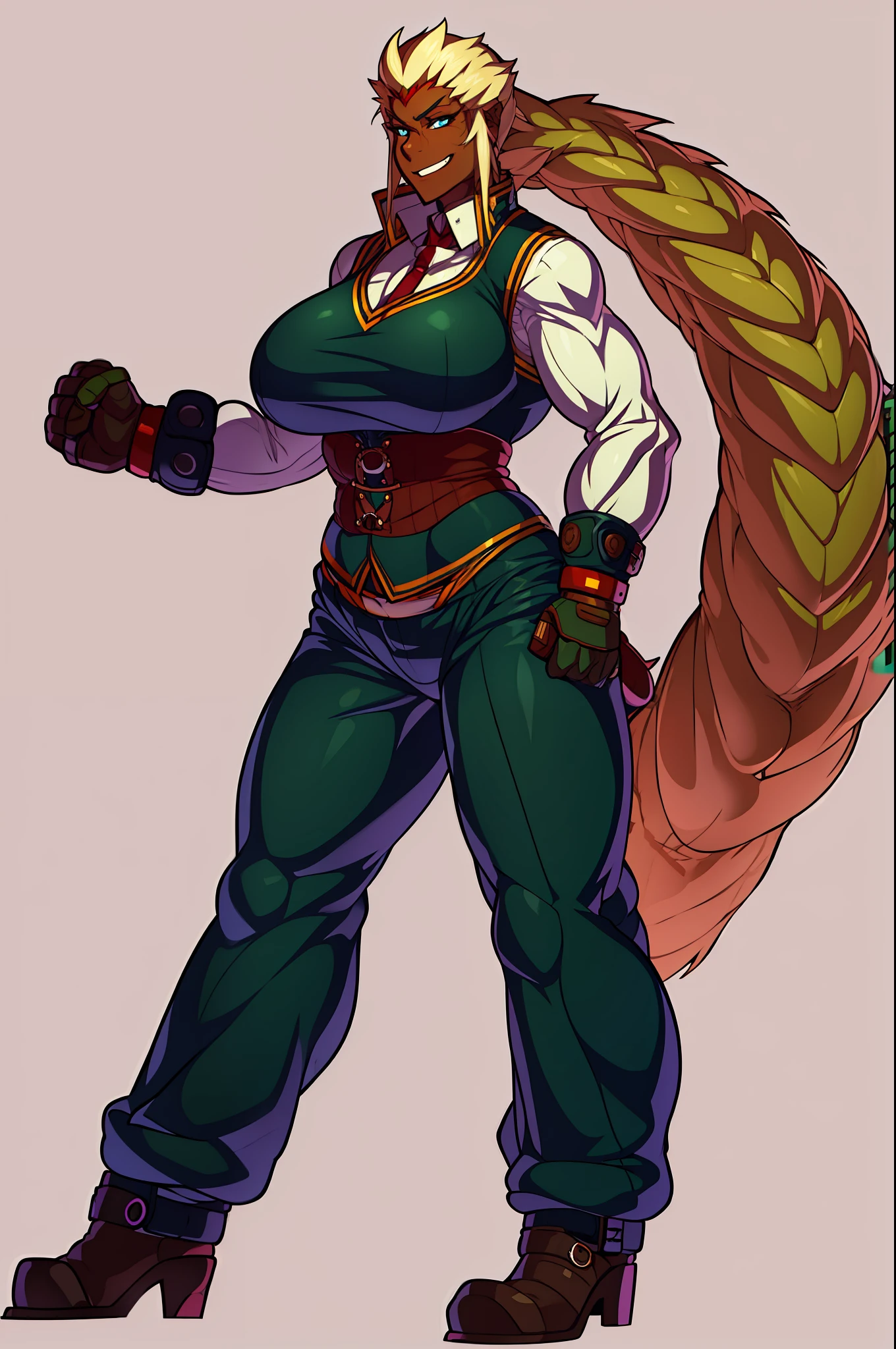 muscle girl,huge breast,, tall female, ,pants, solo focus, 1character, portrait full body,dark skinned female, , vest, coat, walking, medieval clothing, long hair, blond hair,, open mouth smile, revealing cloths, , berserker, warrior,portrait, full body, walking,lingerie, green eyes