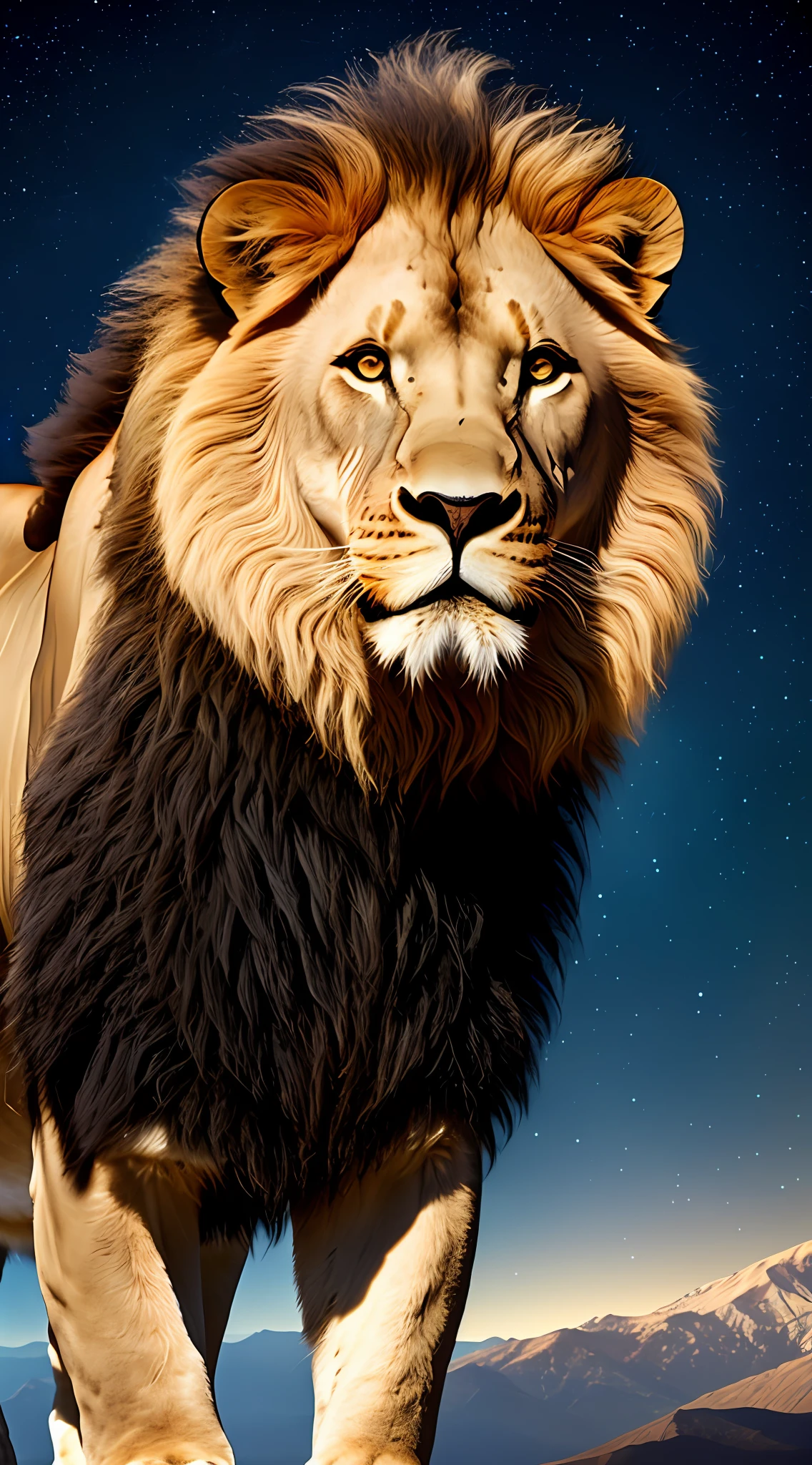 Photograph taken from afar of a lion, with background nebula ((best anatomy)) hyperrealism, realism, proportional, total quality, stylized, short mane.