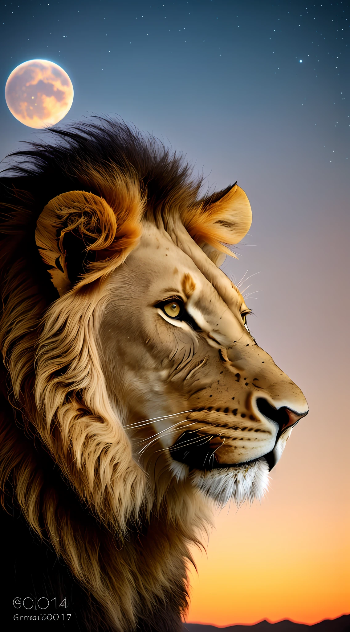 Photograph taken from afar of a lion, with background nebula ((best anatomy)) hyperrealism, realism, proportional, total quality, stylized, short mane.