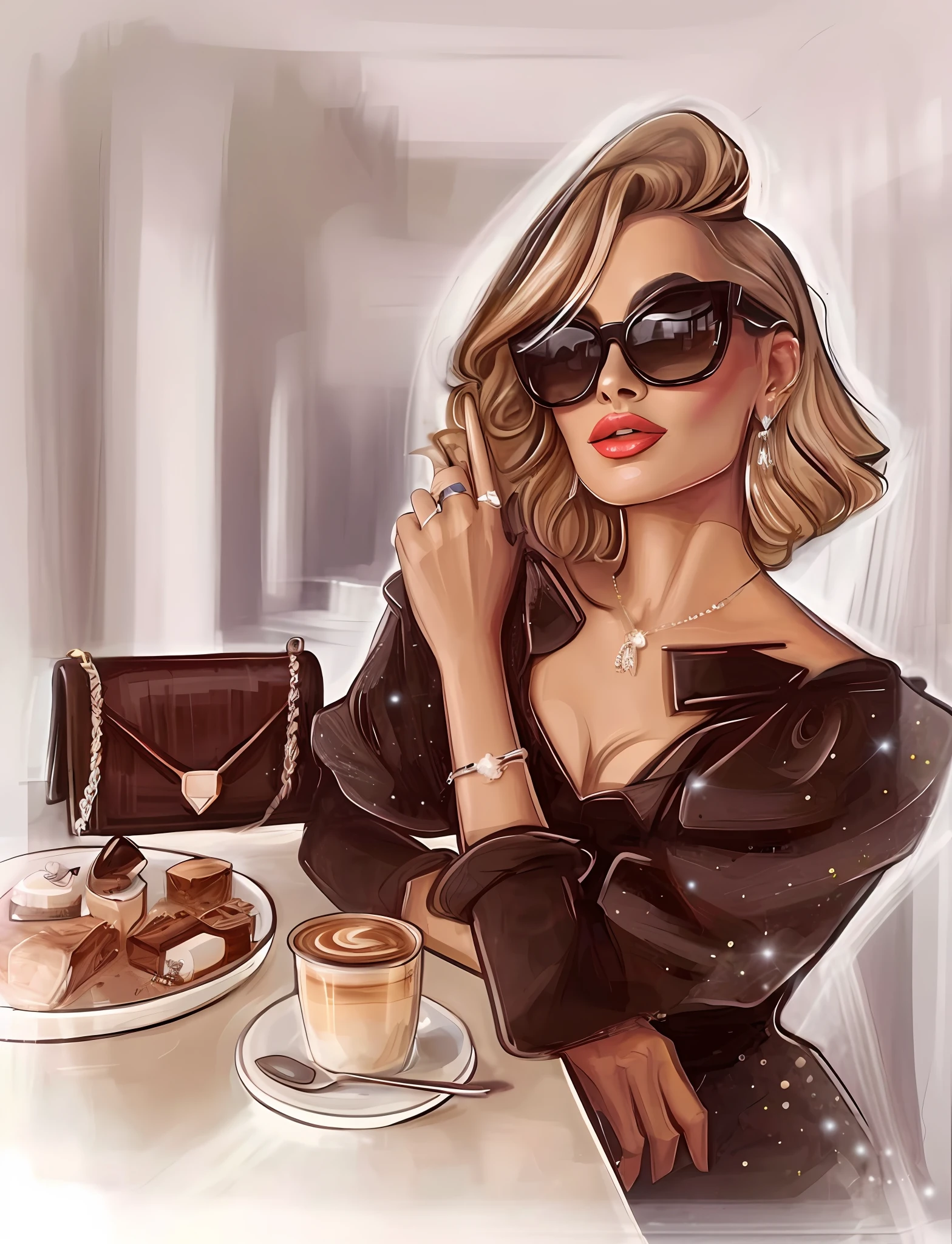 araffe woman in a black dress and sunglasses sitting at a table with a cup of coffee, in style of digital illustration, luxury fashion illustration, digital art of an elegant, trending on artstration, exquisite digital illustration, stunning art style, in style of digital painting, fabulous illustrations, cartoon style illustration, illustration style, elegant digital painting --auto --s2