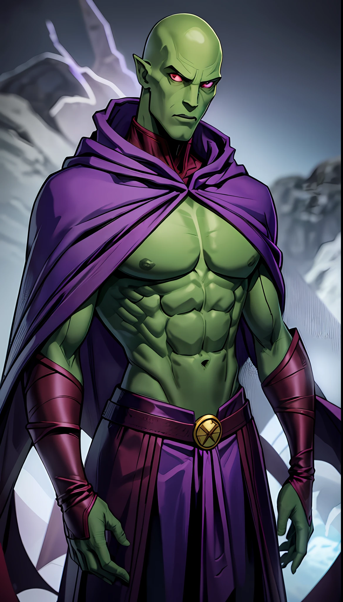 1man, solo, Martian Manhunter (DC comics), J'onn j'ozz, tall, muscular, hunk, abs, dark green skin, chiseled face, alien face, high cheekbones, alien pointy ears, tribal marks all over the body, long claws on forearms, long head, long face, squared chin, bald head, egg-shaped head, long ((purple)) cape, cape tied to the chest, flowing cape, red eyes, no pupils, shirtless, standing powerfully, flat style, ultra detailed, low camera angle, upper body shot, 2 red straps on the chest big black and red armored male leather skirt on the outside, black pant on the inside, purple shoulder pads, high resolution:1.2, circle red and black emblem on the chest, battlefield in the background, award winning, shadow