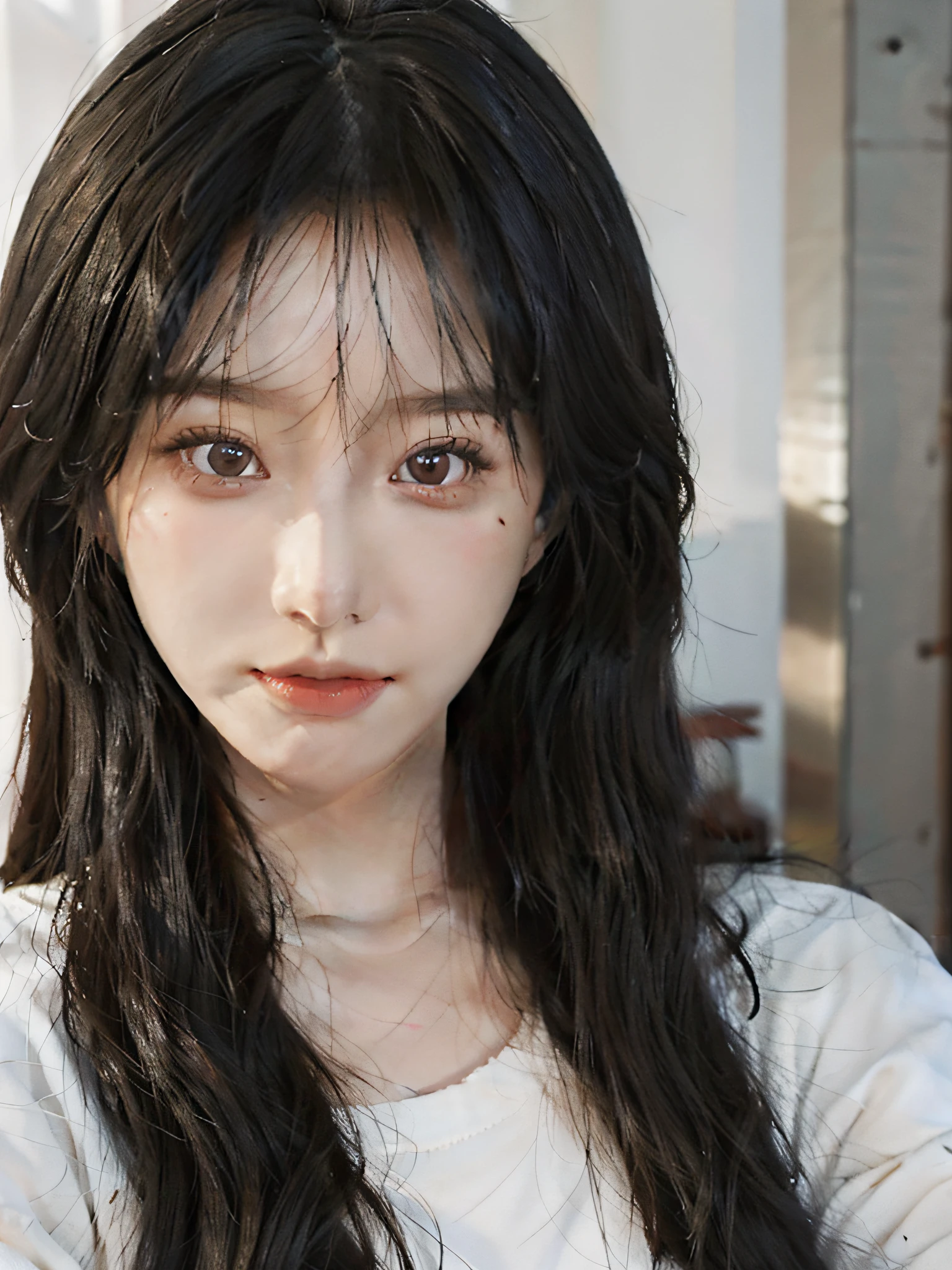 a close up of a woman with long hair wearing a sweater, ulzzang, young adorable korean face, gorgeous young korean woman, 8k selfie photograph, wan adorable korean face, beautiful young korean woman, korean girl, beautiful south korean woman, young cute wan asian face, popular korean makeup, girl cute-fine-face, jaeyeon nam, popular south korean makeup