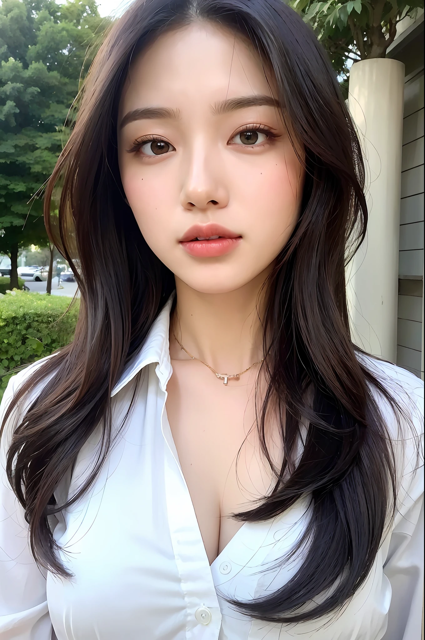 ((Best Quality, 8K, Masterpiece: 1.3)), Sharp: 1.2, Perfect Body Beauty: 1.4, Slim Abs: 1.2, ((Layered Hairstyle, Big Breasts: 1.2)), (Wet White Button Long Shirt: 1.1), (Rain, Street: 1.2), Wet: 1.5, Highly detailed face and skin texture, detailed eyes, double eyelids, side face looking at the camera