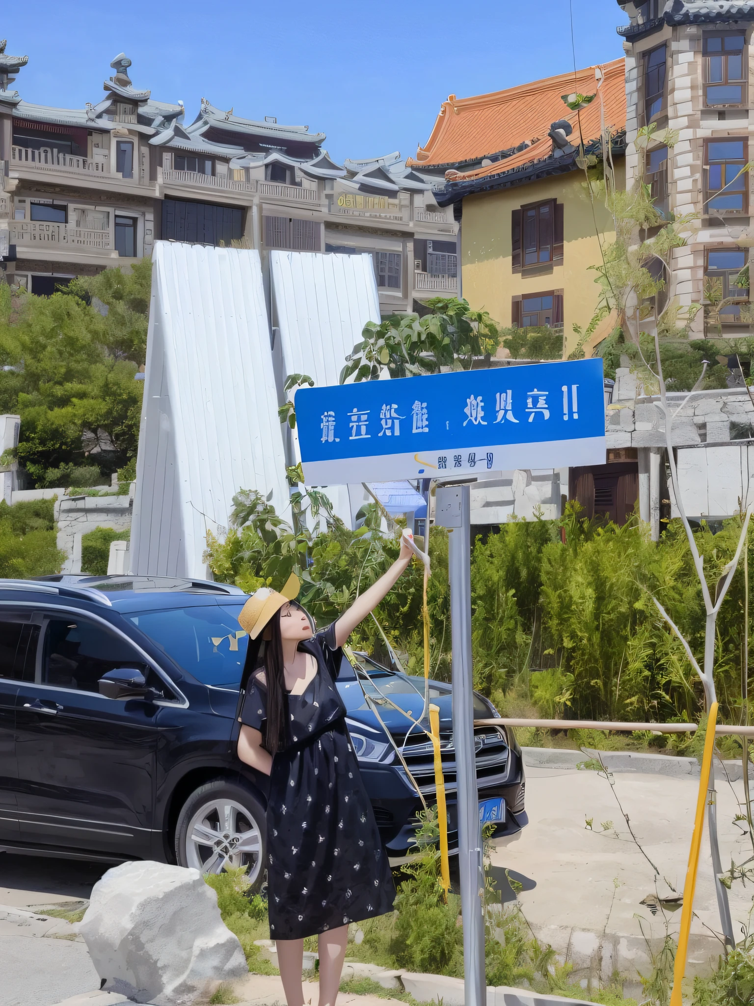 (A woman standing next to a street sign, wearing a golden crown and armor, Jia, Nanquan, giant road signs are faded by the background, the background is taken by Wei Wei and Li Zixin, the scene has a height of 2 meters and 3 meters close-up, the character has Ye Zhuoxin, the style positioning is 2022, the emotional color is strong, the expression has elements of crying, love, and cuteness, with the elements and scenes of Shaxi.) )