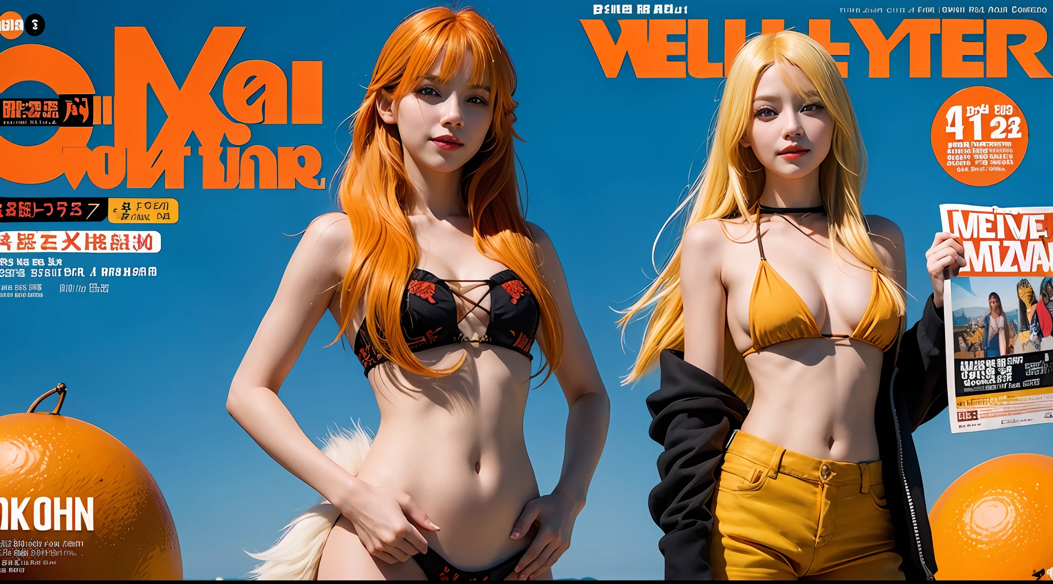 1girl,smile,full body,(standing:1.2),(red eye),(wolf ear),(yellow hair),(wolf tail),(cute young girl:1.1),beautiful detailed eyes,orange hair,very long hair,small breasts,(looking at viewer),(magazine:1.3),(cover-style:1.3),