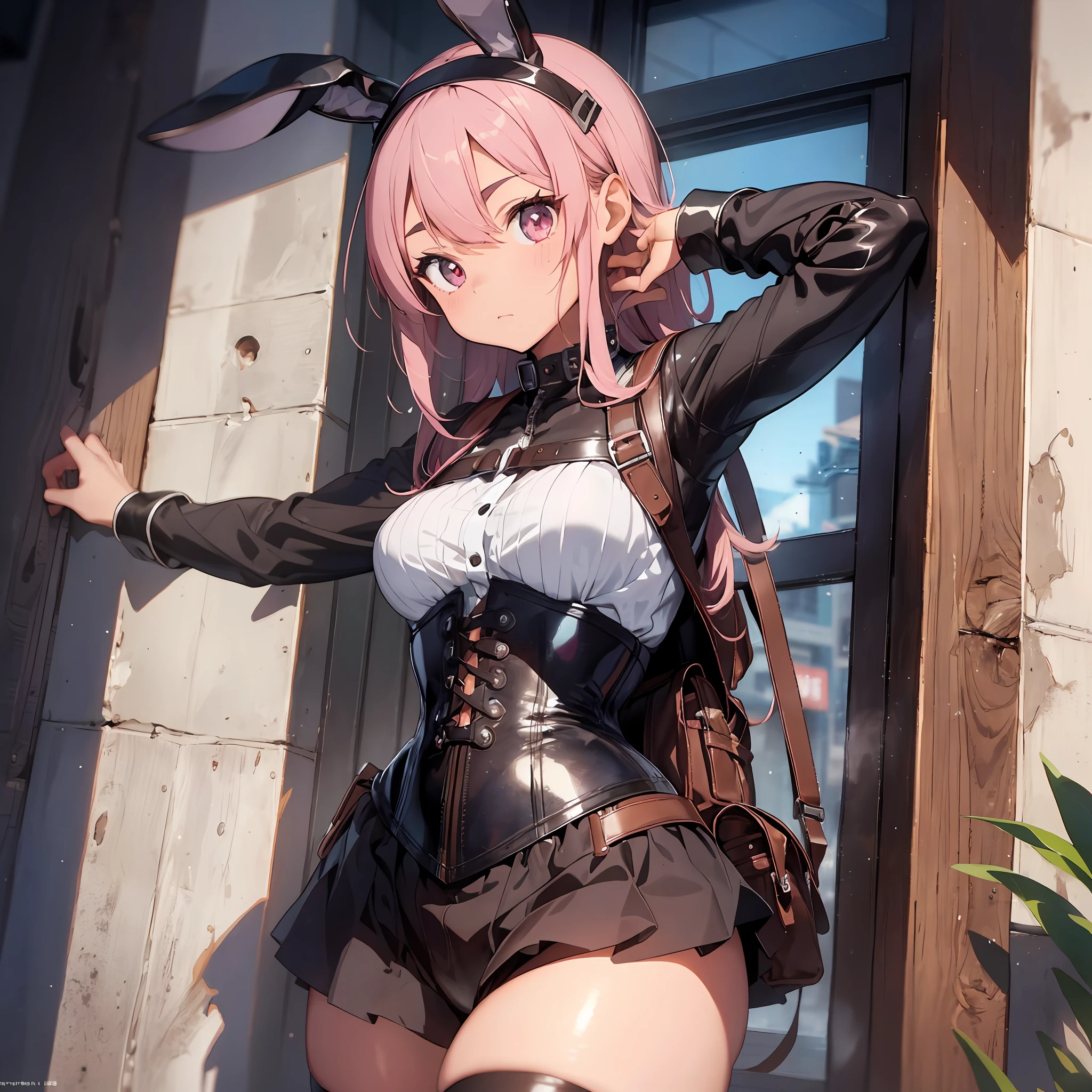 Thick eyebrows, Huge leather backpack, snoring and corset fusion, active pose, (dark skin: 1.3), brown skin, movie lighting, small, beautiful light pink hair, rabbit ears, (masterpiece), ((highest quality)), (super detailed), glossy skin, full body anime girl, clean and detailed anime face, high resolution anime eyes, five fingers, textile shading, Perfect human structure, perfect anatomy,