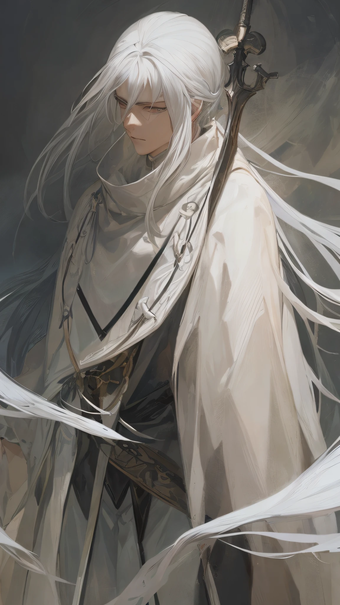Close-up of a man with white hair and a sword, white hair god, white long hair, long white hair, Guvez style artwork, white hair, Guvez, handsome guy in Drawing Bad Guys, Beautiful Character Painting, by Yang J, White Hair, Gurwiz on Pixif Art Station, anime characters