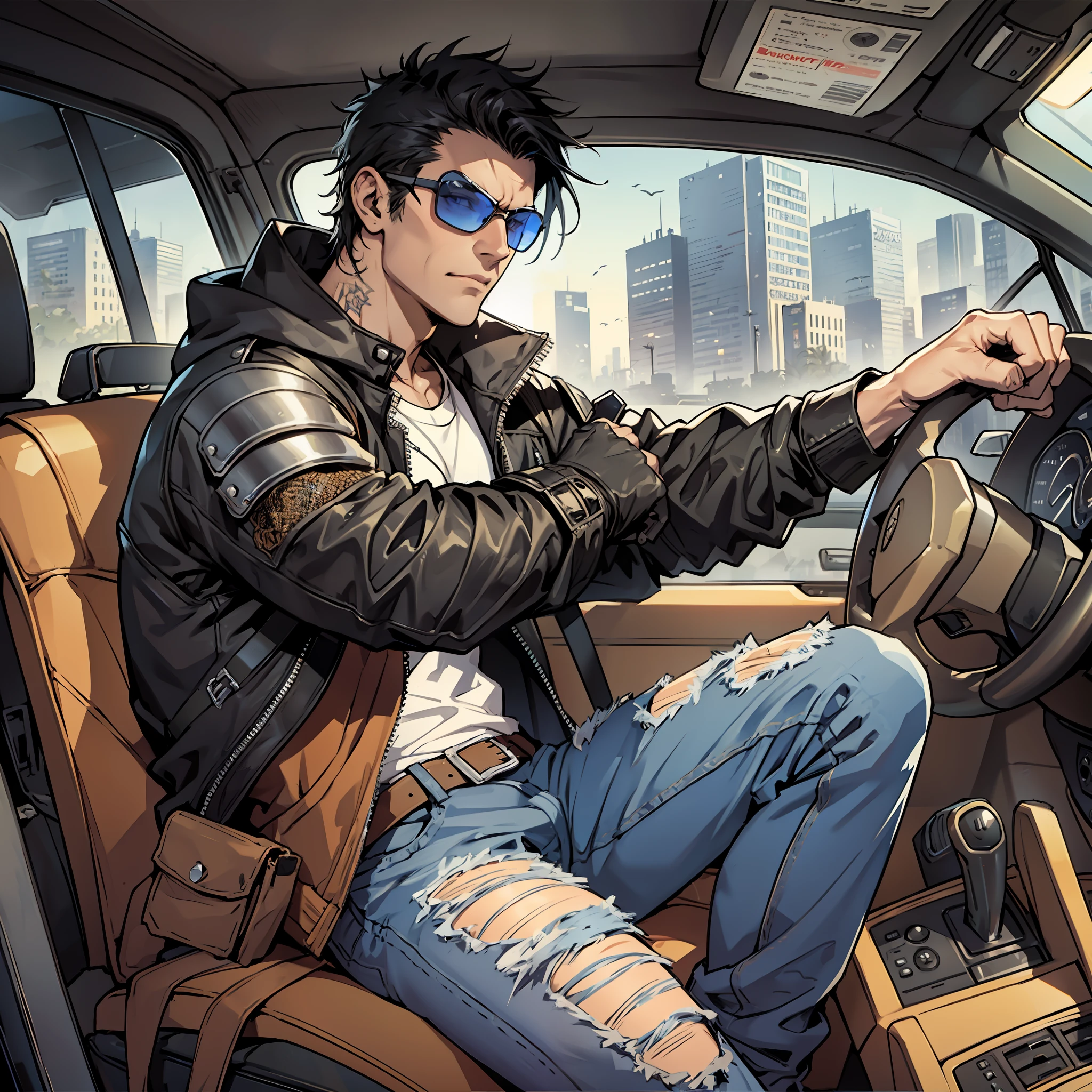 guy with sunglasses, tough strong, full body, mad max style, black hair, jacket, jeans, light armor, front view, sitting in the car, driving a car view from inside of the car