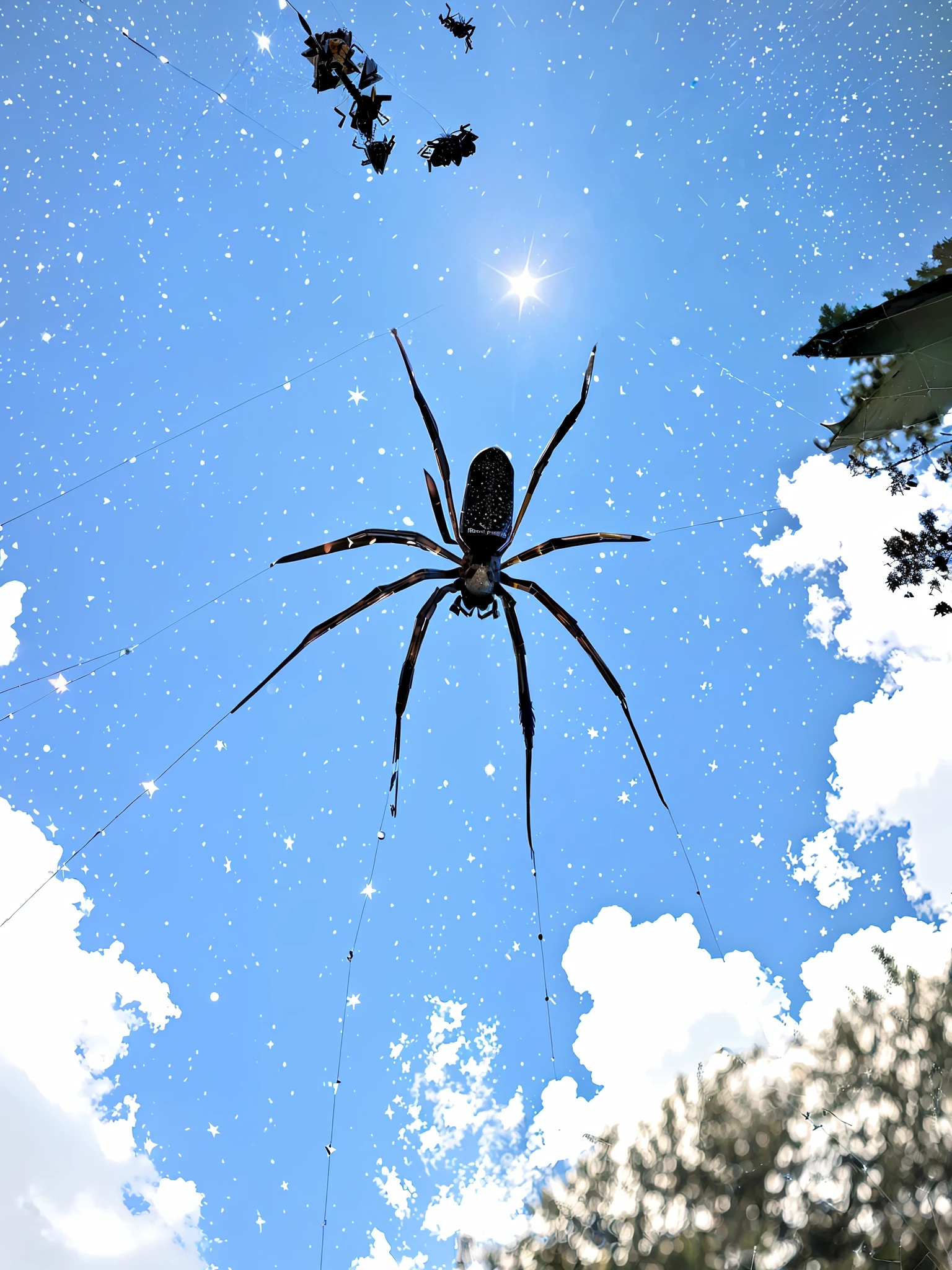 Transform the daytime sky into a starry night sky and the waning moon appearing, evidencing the web where the spider is leaning, reflecting the moonlight.