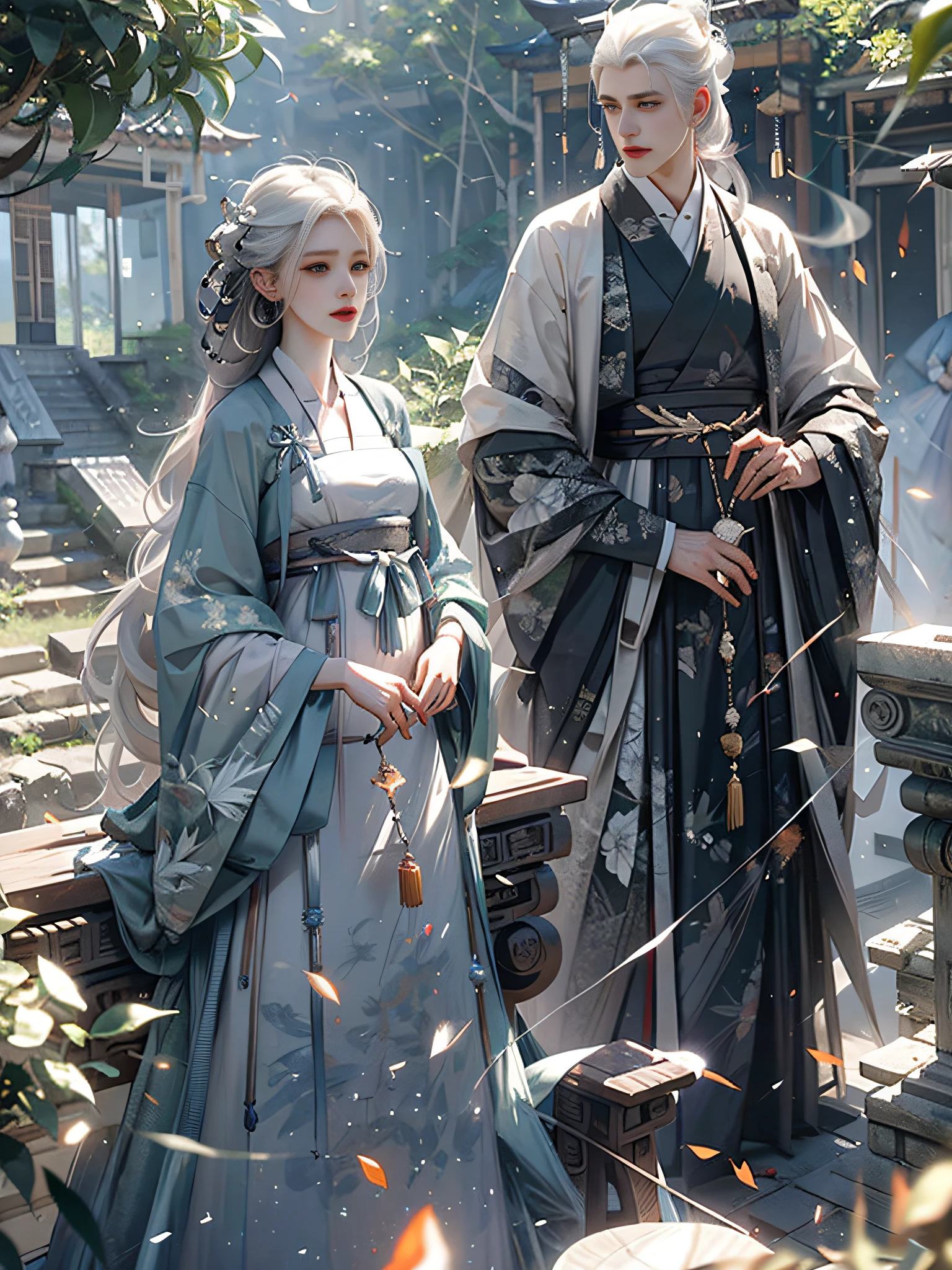 Bamboo forest, bamboo leaves falling, hazy smoke, white hair, white hanfu, sexy, oil-paper umbrella, lantern, folding fan,