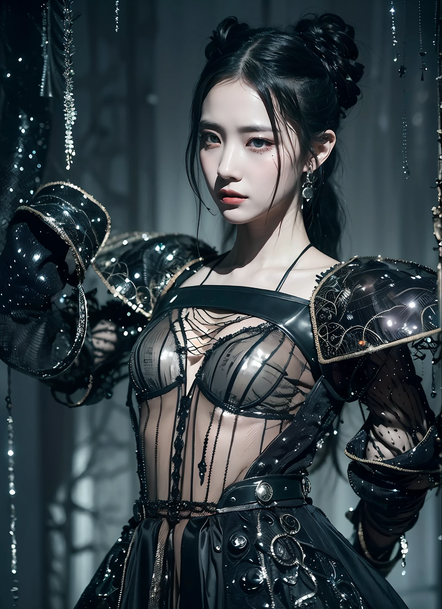 Generate works of women with strong fantasy elements in a dark and mad world with a focus on black in high quality. She has an eerie and charming figure and is dressed in a full-body black fashion style. The background is a fantastic fantasy world, where magical lights dance, strange creatures and magical plants are present. Her figure is mysterious, with a dark and mad vibe in harmony with the essence of fantasy. The effects of light and shadow are skillfully expressed, and the details, faces and expressions of the black costumes are meticulously drawn, further emphasizing the fantasy element. The overall atmosphere is mysterious and enchanting, yet it has its own artistic touch. The work is vividly projected in blacks and dark tones, evoking visual stimuli and aesthetics, and giving the viewer an interest and mysterious charm. We create high-quality works that weave fantasy elements into a dark and mad worldview.