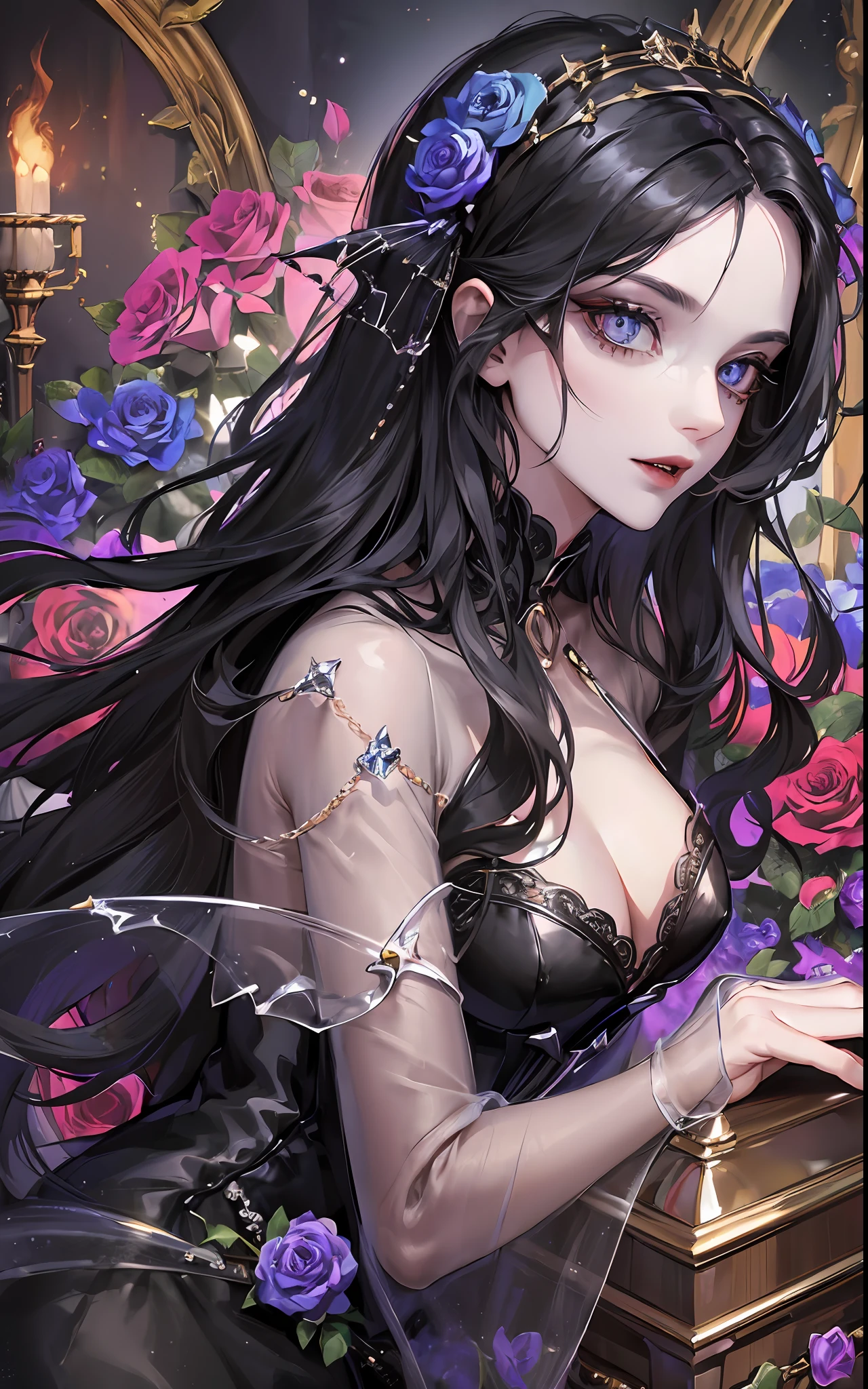 (((transparent vampire coffin with closed lid))) , (long coffin), girl locked in the coffin, seabed in the background, ((crystal)), gold cross, golden details, roses inside the coffin, rose thorns, ocean in the background, moonlight, coffin submerged in the sea, closed coffin with glass walls, closed lid, (((sarcophagus))), 1girl, adult woman, black hair, long hair, blue eyes, black victorian dress, flowing elegant dress, inside a coffin made of glass, full body inside coffin, perfect detailed eyes, perfect detailed face, detailed eyes, perfect eyes, ((((masterpiece))))ç