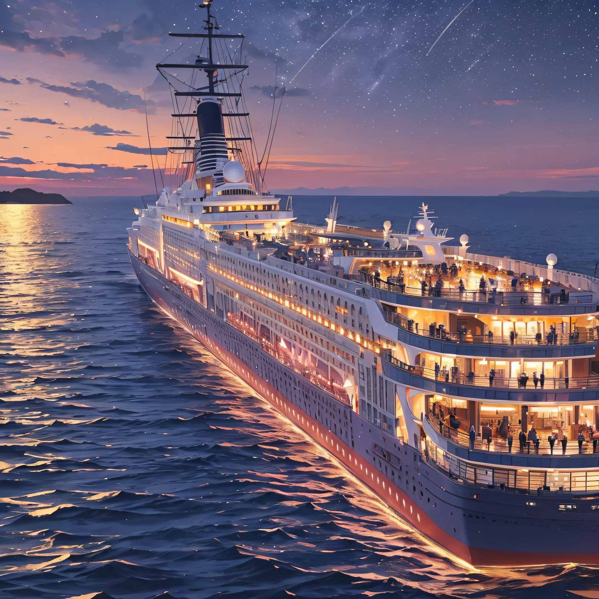As night falls, a luxury cruise ship docks in the harbor, the cruise ship is lit up with wine and stars, and on the deck of the cruise ship is a group of social elites who are enjoying the night view of the harbor, they are toasting and talking. Painting in 3D style is required --auto --s2