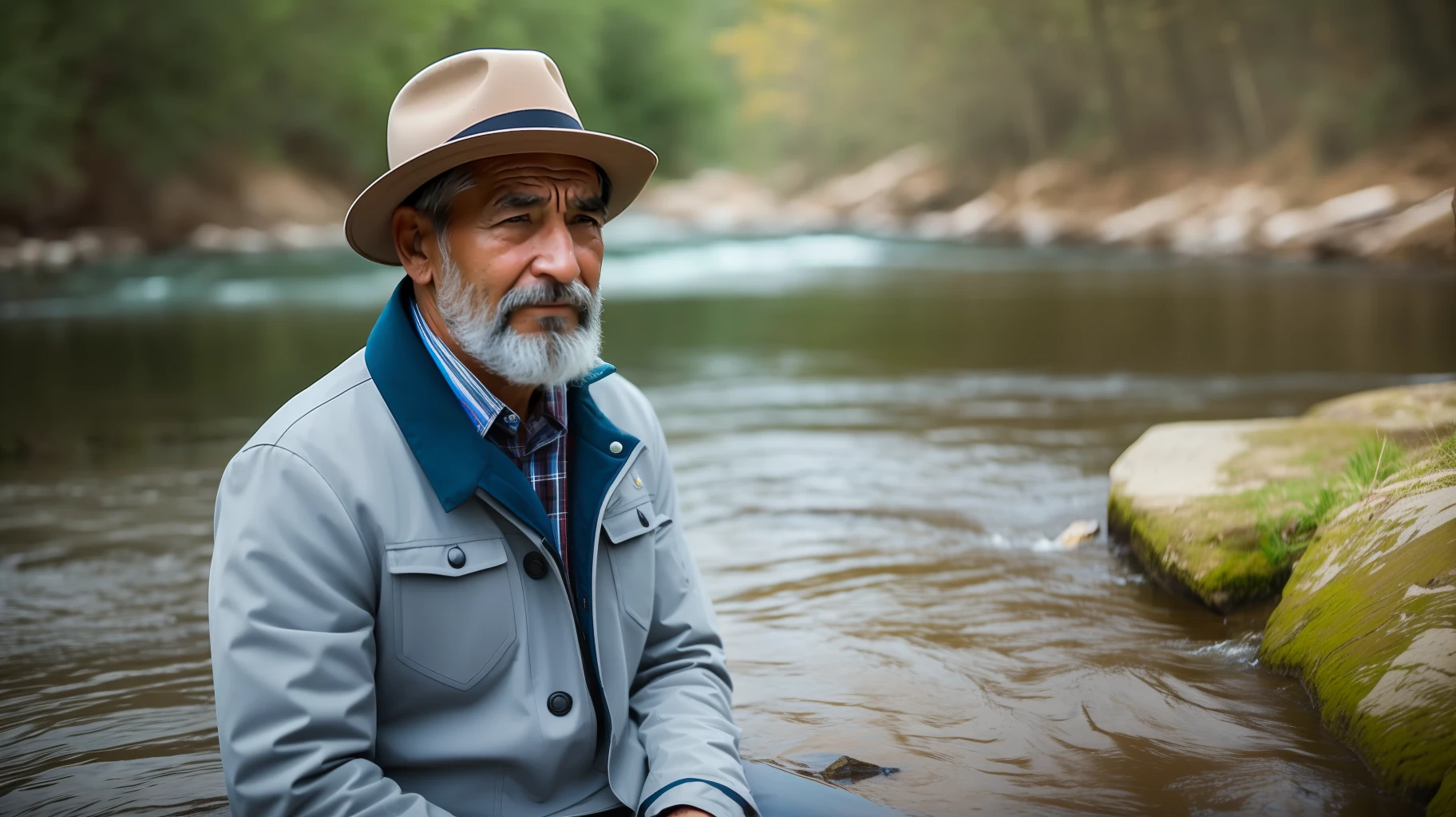 Man with a scared face near a river