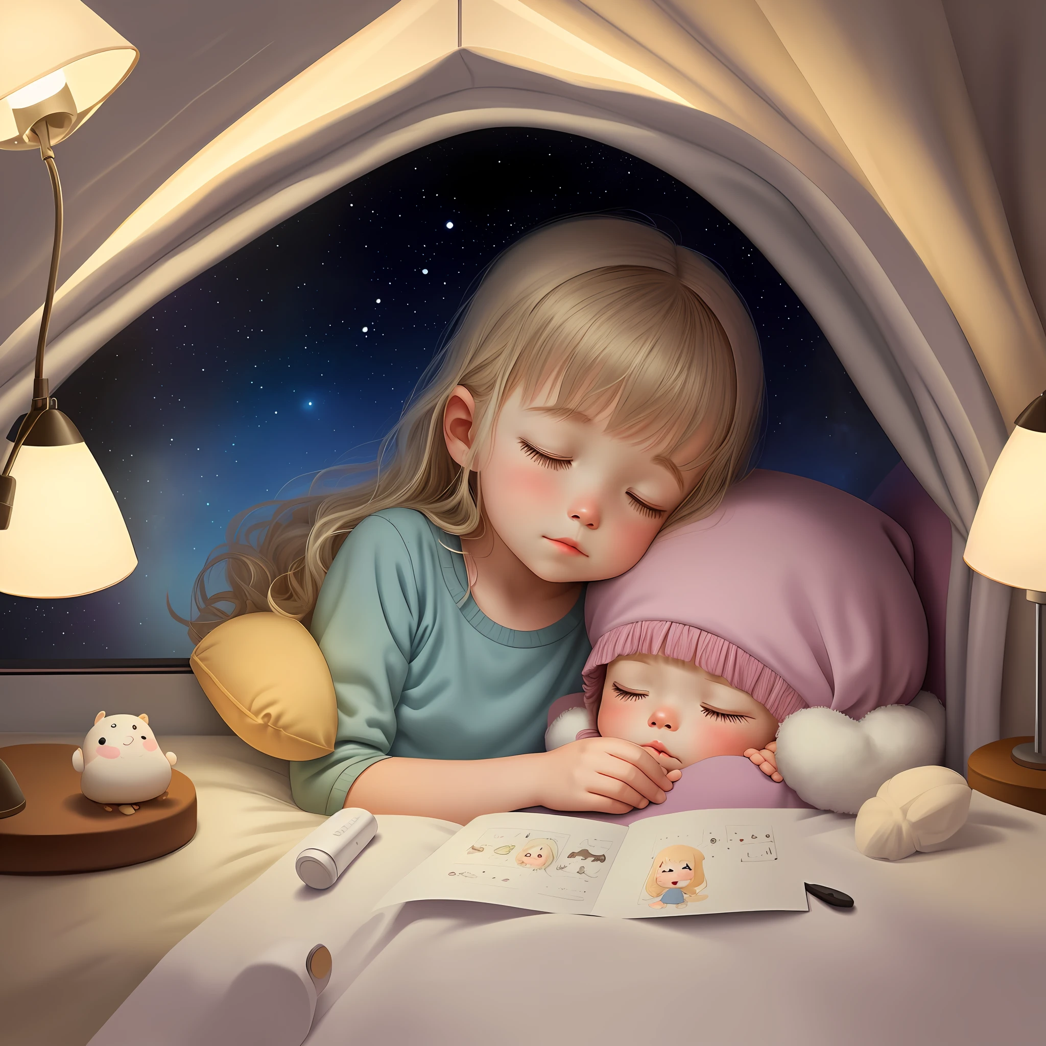 Girl, sleeping, 1 year old, bedside lamp, dreaming, grandma around, stars kids illustration, cute illustration, cute digital art, whimsical style illustration, kids illustration, cute features, illustration, illustration, cozy calm, cute detailed digital art