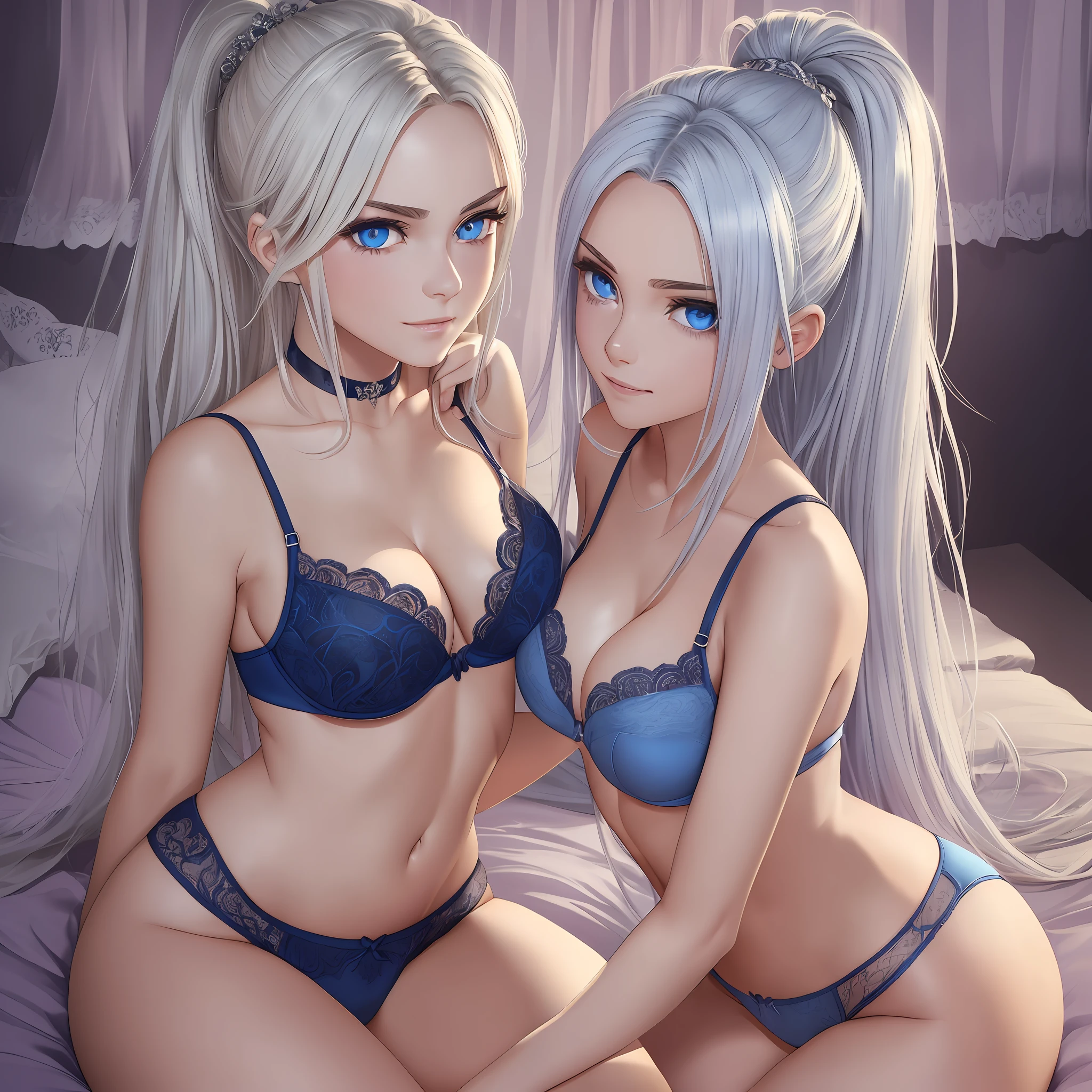 Masterpiece, top quality, super detail, high quality, dramatic angle, 2 girls, (looking at each other: 1.1), bed, (fingering someone else's crotch: 1.1), high resolution, absurdity, detail, depth of field, ray tracing, night, and masterpieces, top quality, super detail, high quality, dramatic angles, 2 girls, (silver hair: 1.2), (top knot hair: 1.1), bra, navel, panties, blue eyes, (confusion(1.2), excitement, (looking at each other: 1.1), and masterpieces, top quality, super detailed, high quality, dramatic angles, 2 girls, (blonde hair: 1.2), (half up: 1.2), bra, navel, panties, (fingering someone else's crotch: 1.1), blue eyes, evil smiles, (staring at each other: 1.1), --auto --s2