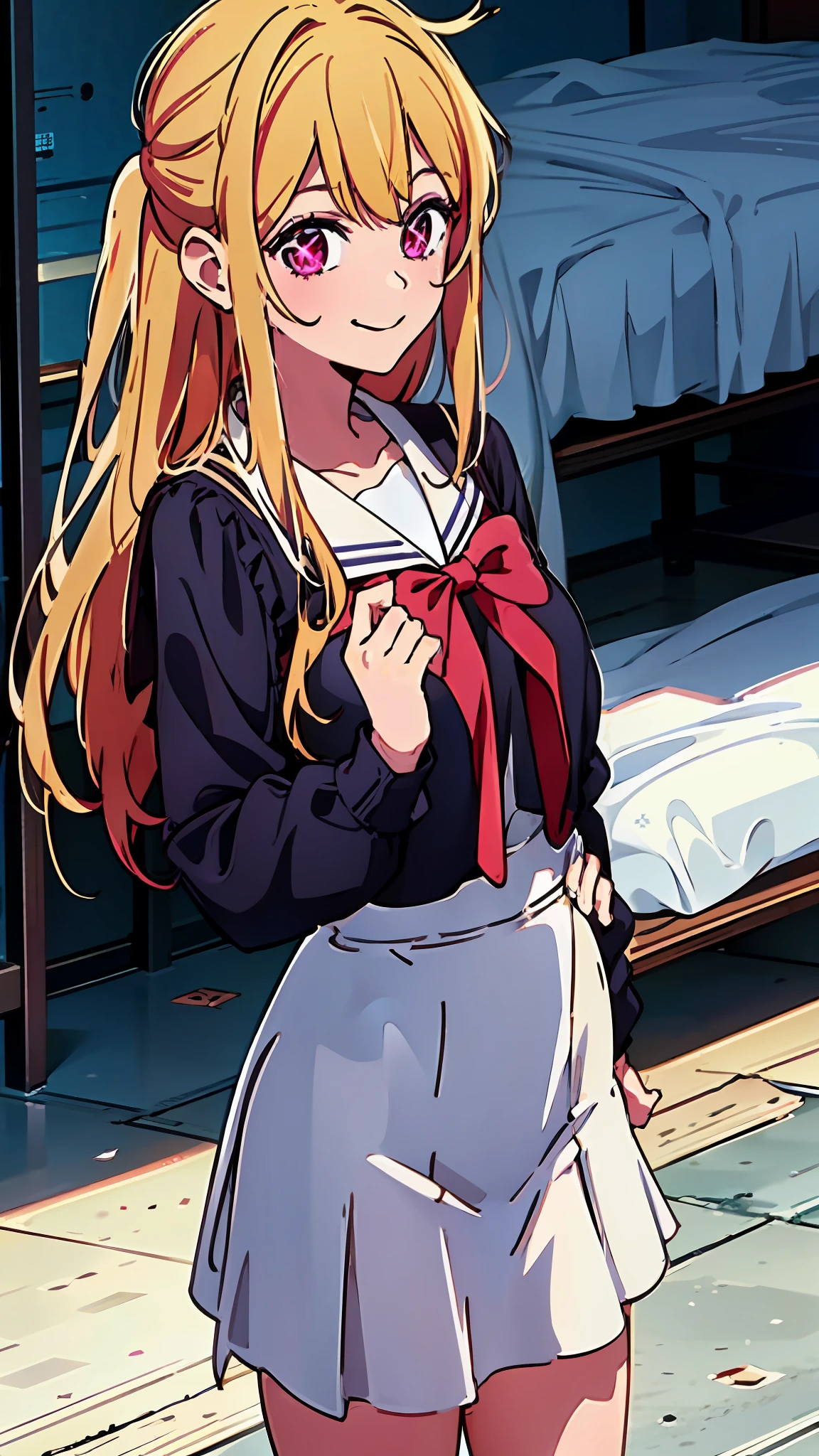 masterpiece, best quality, ultra-detailed, illustration, 1girl, hoshino ruby, mismatched pupils, star-shaped pupils, blonde hair, long hair, school uniform, skirt, smile, looking at viewer, standing, upper body, bedroom