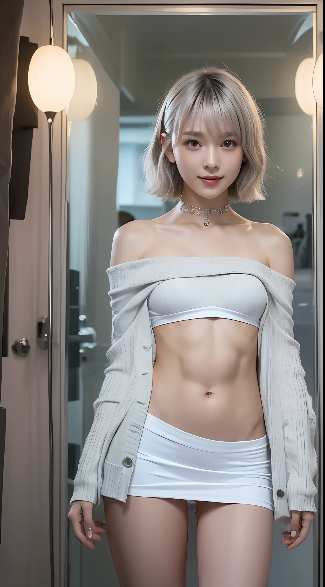 ((Day, Real Light, Best Quality, 8k, Best Masterpiece)), Slender Girl, Beautiful Girl, Abs, Small, Short Silver Hair, Buttocks, White Mini Skirt, Small Face, Off Shoulder, White Room, Ultra Detailed Face, Ultra Detailed Eyes, Double Eyelids, Eyeliner, Bangs Free, Navel, Piercing, Smile, Choker, Aside, Full Body Reflection