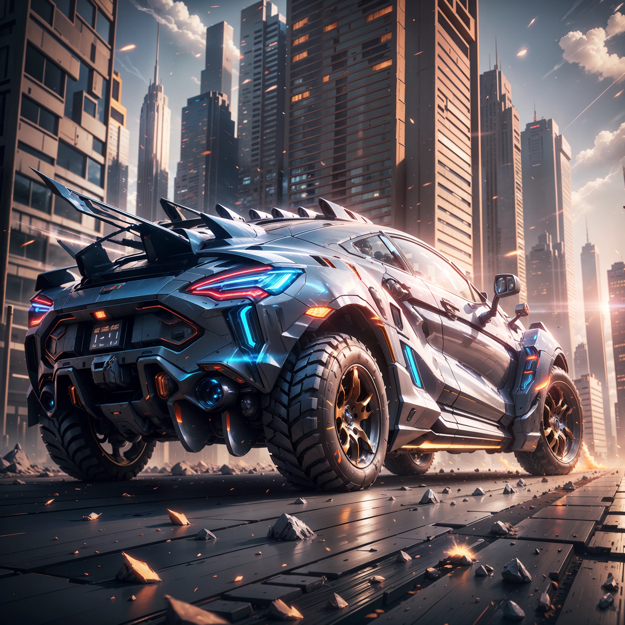 (A super mech sports car), laser energy cannon on the roof, facing the camera, tall buildings, energy cannon fire, tall and mighty, solid armor, futuristic technology, sharp lines, dynamic shapes, mechanical joints, armor plates, sensors, energy weapons, blazing energy, shining light, explosion effect, smoke and dust, tense atmosphere, (octane rendering: 1.4), best quality, (highly realistic), (super detail: 1.5), C4D rendering, cinematic quality