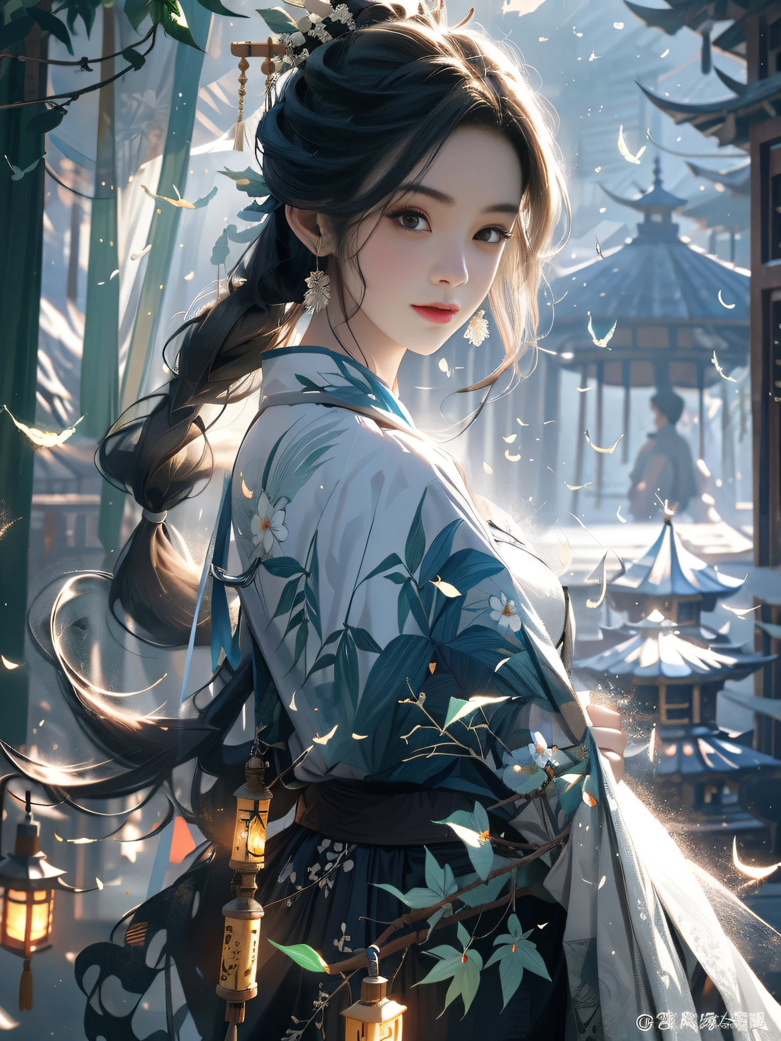 Bamboo forest, bamboo leaves falling, hazy, white hanfu, sexy, oil-paper umbrella, lantern, folding fan,
