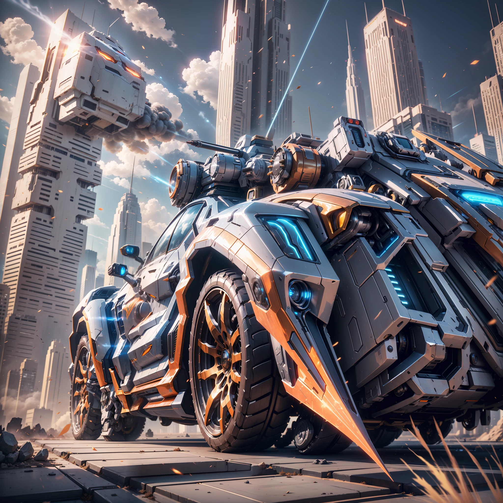 (A super mech sports car), laser energy cannon on the roof, facing the camera, tall buildings, energy cannon fire, tall and mighty, solid armor, futuristic technology, sharp lines, dynamic shapes, mechanical joints, armor plates, sensors, energy weapons, blazing energy, shining light, explosion effect, smoke and dust, tense atmosphere, (octane rendering: 1.4), best quality, (highly realistic), (super detail: 1.5), C4D rendering, cinematic quality