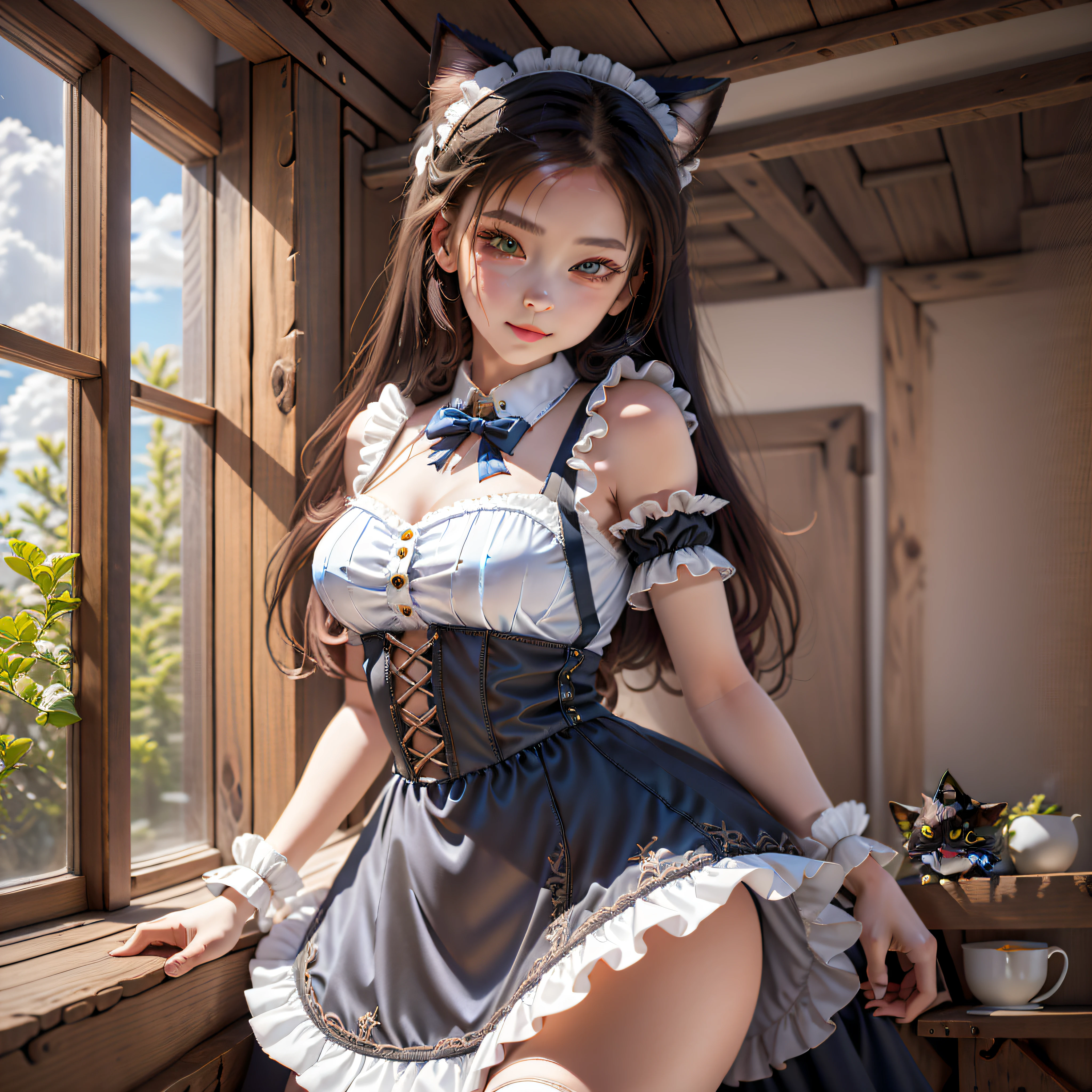 there is a woman in a maid outfit posing by a window, anime cat girl in a maid costume, gorgeous maid, anime girl in a maid costume, maid outfit, cosplay of a catboy! maid! dress, attractive cat girl, very beautiful cute catgirl, maid dress, very beautiful anime cat girl, beautiful young catgirl, a sexy maid in a magical forest
