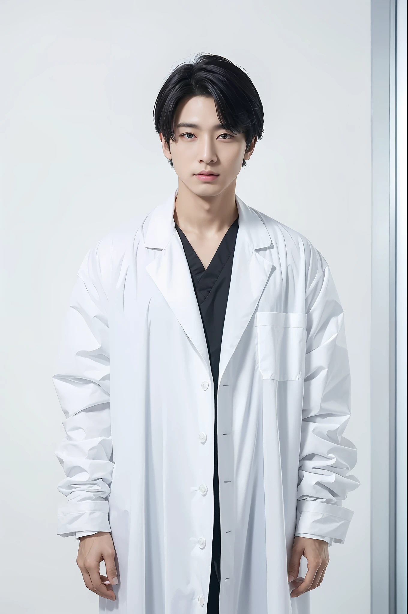 Black hair, Masterpiece, High quality, Best quality, 4K, 1 boy, Doctor in white coat, Black in lab coat, Short hair