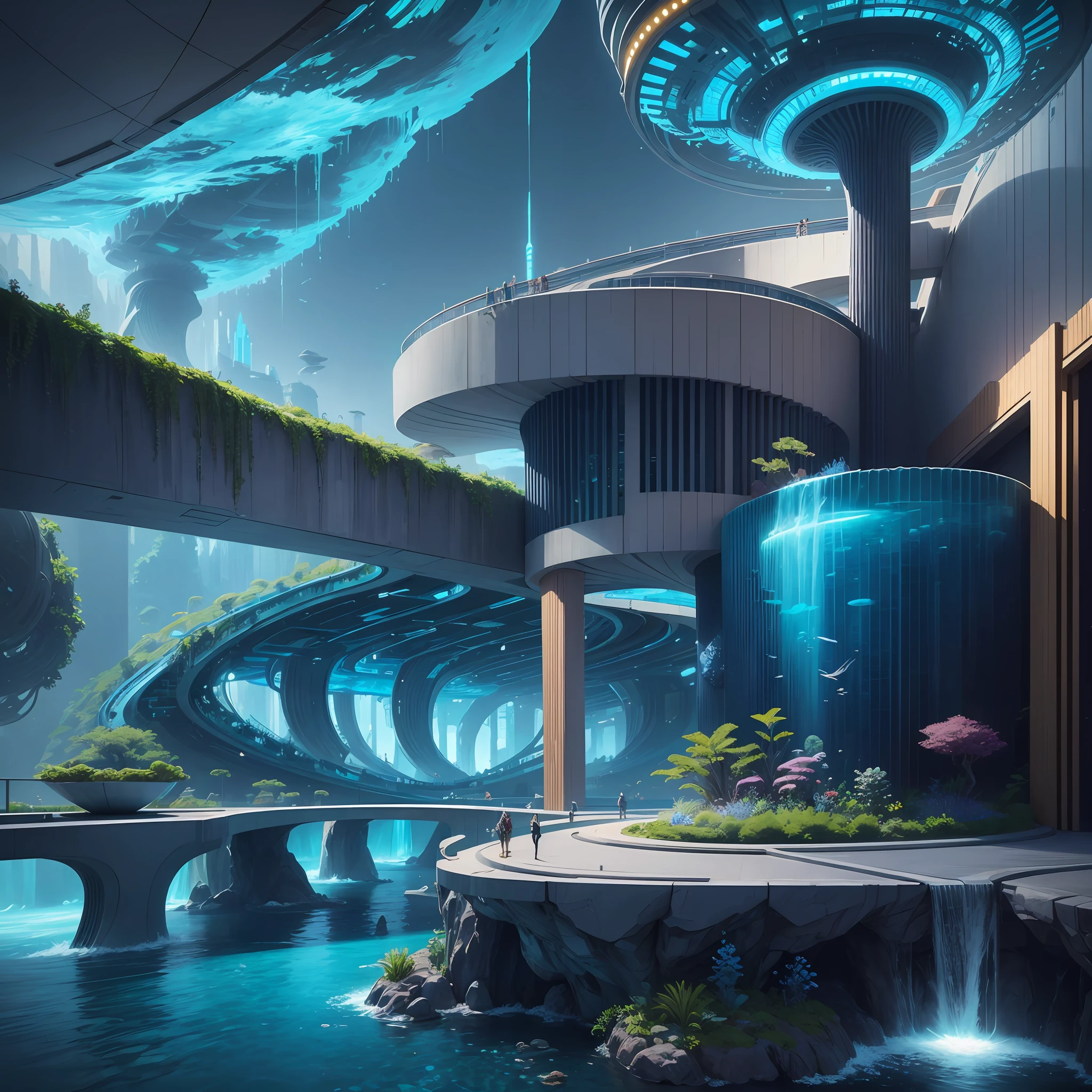 Science Fiction, Cities modern futuristic design large underwater city, futuristic underwater cityscape, a artificial waterfall and a pond with colorful flowers in the middle, nature meets underwater architecture, built inside ocean, realistic beehive architecture, organic underwater architecture, Reality very close to real nature, breathtaking render,city with underwater forest , advanced civilization technology,stunning architecture, luxury architecture, realistic fantasy render, by Zha Shibiao, epic and stunning, architectural visualization, epic architecture, concept art. 8 k --auto --v6 --s2