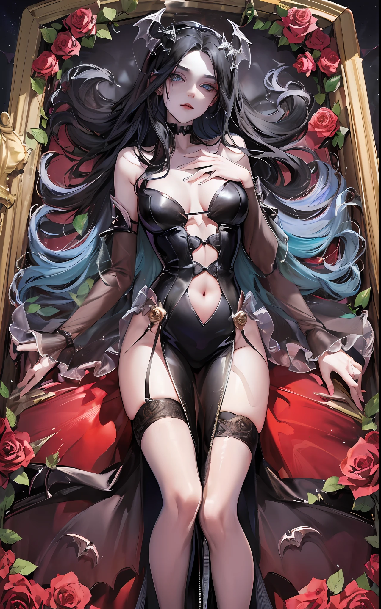 (((transparent vampire coffin with closed lid))) , (long coffin), girl locked in the coffin, seabed in the background, ((crystal)), gold cross, golden details, roses inside the coffin, rose thorns, ocean in the background, moonlight, coffin submerged in the sea, closed coffin with glass walls, closed lid, (((sarcophagus))), 1girl, adult woman, black hair, long hair, blue eyes, black victorian dress, flowing elegant dress, inside a coffin made of glass, full body inside coffin, perfect detailed eyes, perfect detailed face, detailed eyes, perfect eyes, ((((masterpiece)))), ((full body))