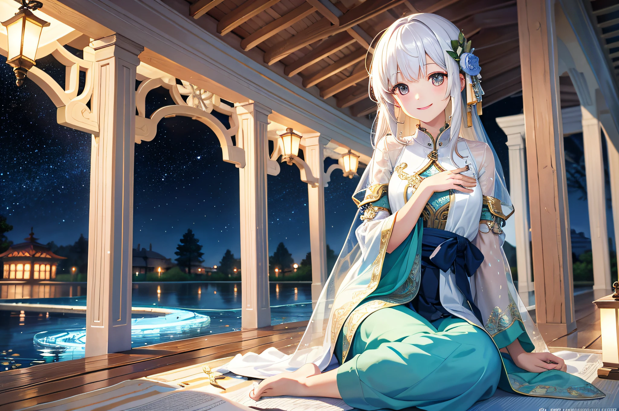 High resolution, (official art, aesthetics: 1.2), light rain in the sky, long pavilion, girl, tunic, smile, natural beauty, inspiration, light effects