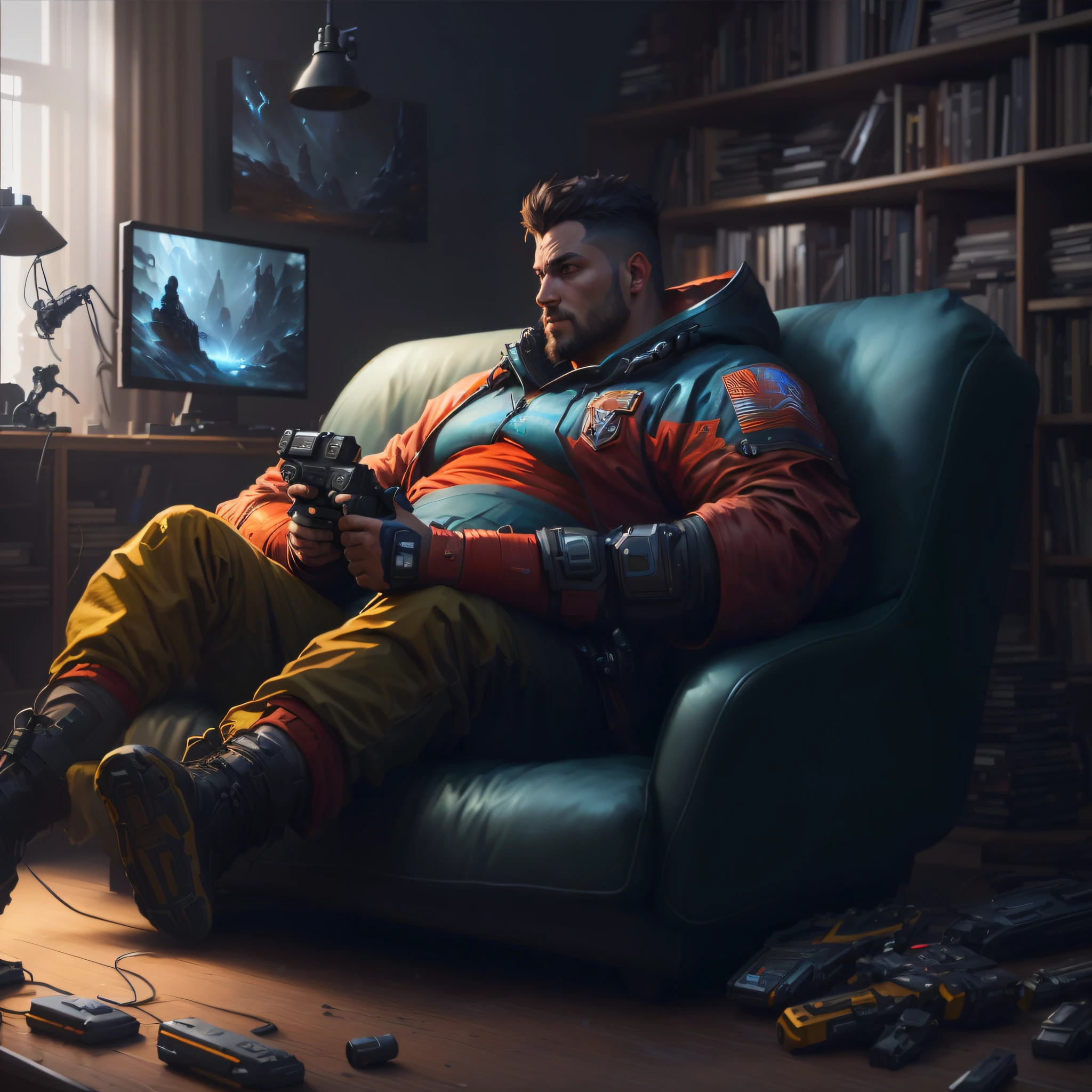 there is a man sitting in a chair with a remote control, epic digital art illustration, highly realistic concept art, 3 d epic illustrations, epic video game art, wojtek fus, epic digital painting, photorrealistic concept art, epic digital concept art, ultra realistic concept art, digital painting. octane render, 4k highly detailed digital art
