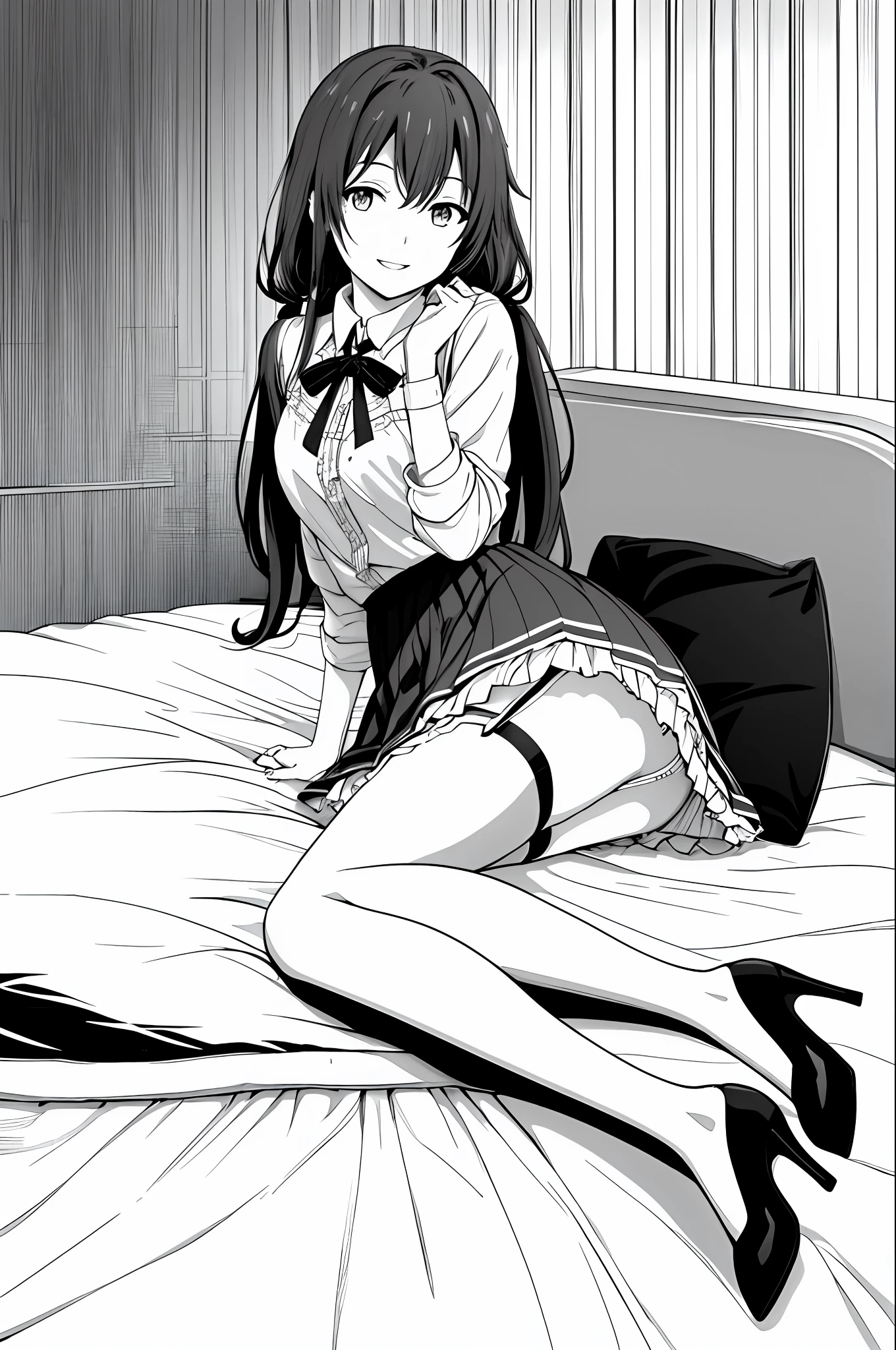 masterpiece, best quality,  yukino yukinoshita, pillow, garter straps,  1girl, cushion, long hair, thighhighs, frilled pillow, skirt, solo, couch, smile, pillow, looking at viewer, breasts, twintails, jacket, bed, high heels, sweet devil \(vocaloid\), parted lips, monochrome, lineart,