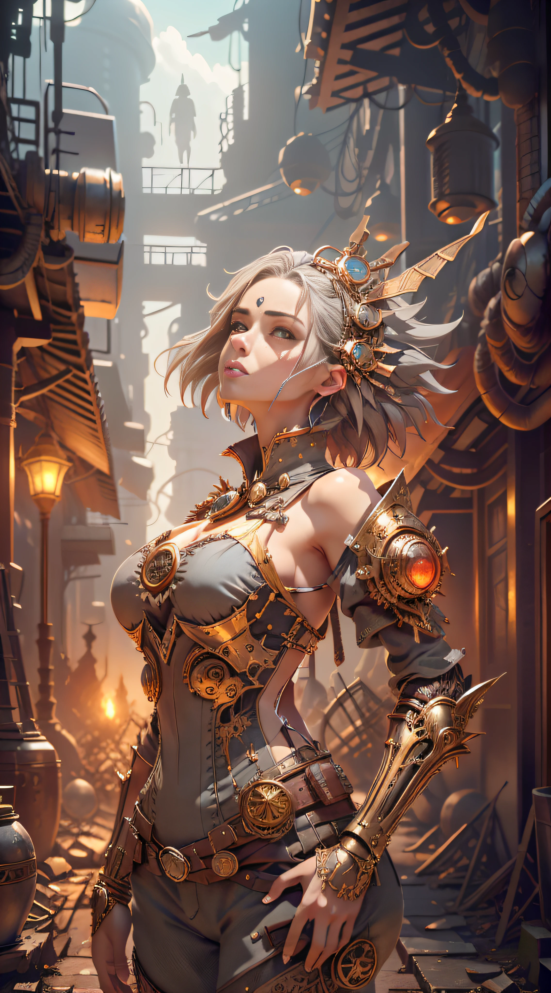((gray sky)), (best quality), (ultra-detailed color), battlefield, ruins of cities, dilapidated buildings, damaged machinery, perfect composition, best elaboration, (golden ratio: 1.2), HDR, dramatic, cinematic lighting, huge details, masterpiece, (realism: 1.4), absurdity, cinema lighting, (1 woman)))), ((whole body))), (anatomically correct), short hair, torn clothes, red glowing eyes, broken headdress, Extremely detailed faces, fantasy sci-fi creatures, surrealism, steampunk, intricate design, extremely detailed, exquisite details, (((looking up at the camera)))), (((panorama))