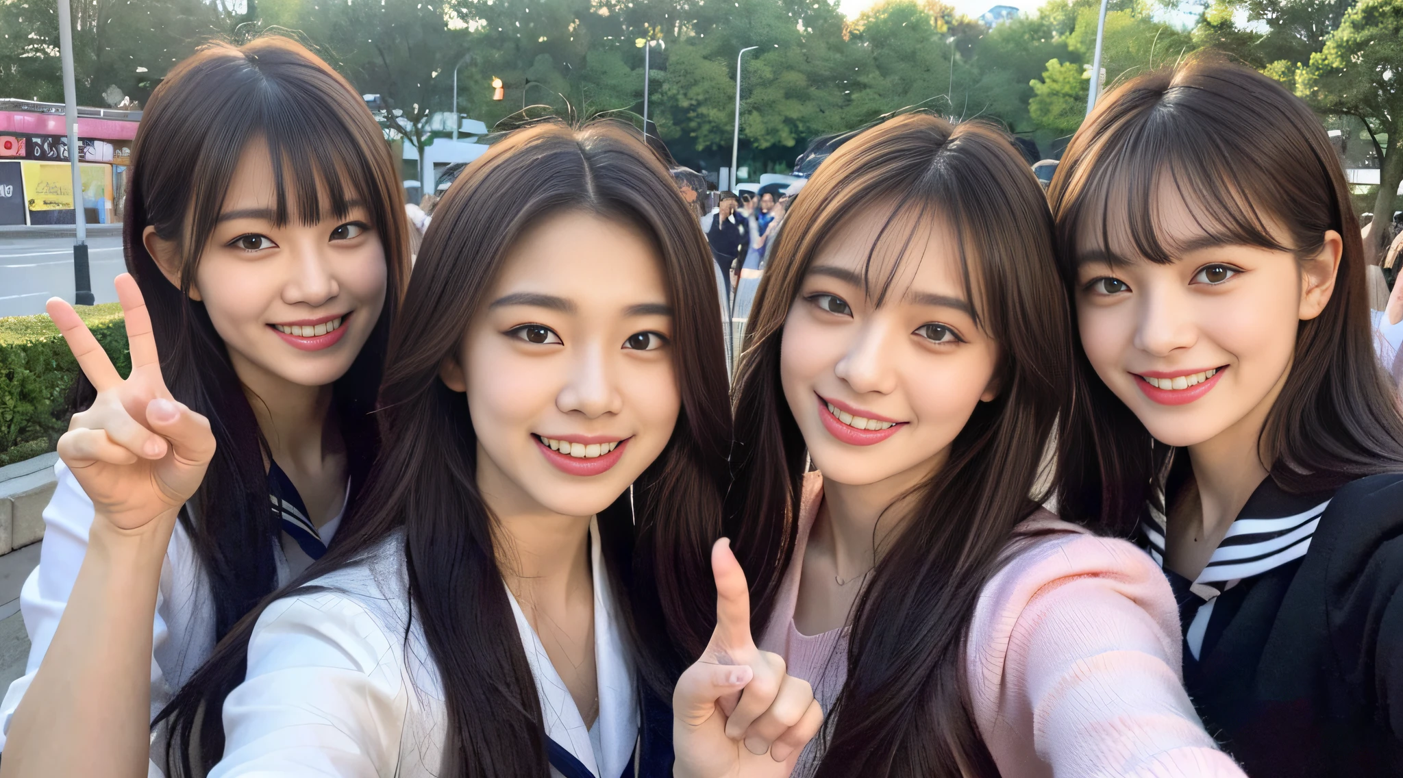 (8k, RAW photo, highest quality, masterpiece: 1.2), super detail, super resolution, (realistic, real photo: 1.37), (photorealistic: 1.6), portrait, high resolution RAW color photo, professional photo, very detailed and beautiful, real light (showing teeth and smiling), pointing at the camera (pointing here), beautiful view mixed with light, Cherry blossoms are dancing, cherry blossoms are dancing around the female proofreader, female proofreader is pointing her finger at this place, cute pose, playing in the park at night, moonlit night is beautiful. Super high image quality, 8k wallpaper, amazing cute smile, transcendent cute face, amazing details, red scarf, very detailed beautiful girls, different pattern face, one is a ponytail, modern cute schoolgirl, very detailed face very detailed eyes, very realistic skin, very detailed fingers, very detailed nose, very detailed mouth, perfect anatomy, very detailed sailor suit, very detailed background, After school. Smiling faces, fun spreads in the hallway, long straight hair, (dull bangs: 1.2), , schoolgirl youth Celebrity-level cuteness , (pink eye shadow)