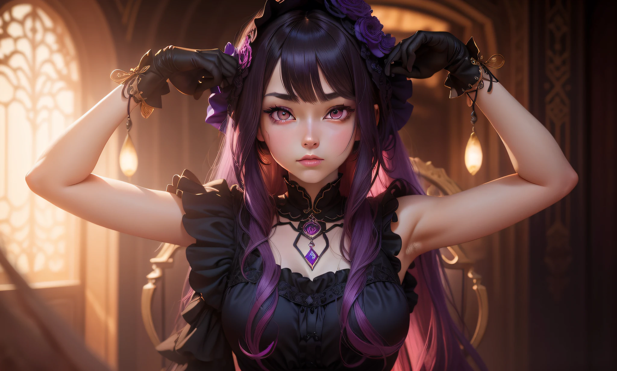Masterpiece, Top Quality, Best Quality, Official Art, Beautiful and Aesthetic: 1.2), (1 Girl), (Pink Eyes),Purple Long Hair,Ping Stage Costume,Extreme Detail,(Fractal Art: 1.3),Colorful,Best Detail,Seductive Amish Fe Full Shot Female Silk Weaver --auto --s2