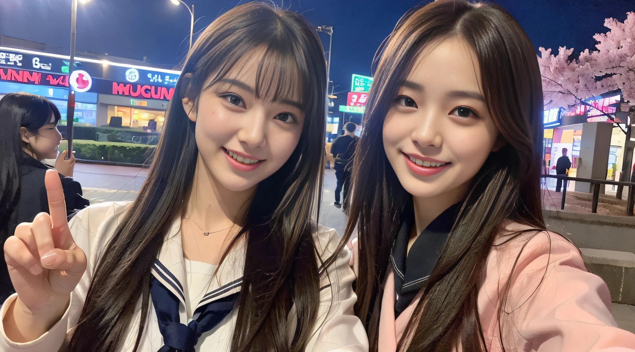 (8k, RAW photo, highest quality, masterpiece: 1.2), super detail, super resolution, (realistic, real photo: 1.37), (photorealistic: 1.6), portrait, high resolution RAW color photo, professional photo, very detailed and beautiful, real light (showing teeth and smiling), pointing at the camera (pointing here), beautiful view mixed with light, Cherry blossoms are dancing, cherry blossoms are dancing around the female proofreader, female proofreader is pointing her finger at this place, cute pose, playing in the park at night, moonlit night is beautiful. Super high image quality, 8k wallpaper, amazing cute smile, transcendent cute face, amazing details, red scarf, very detailed beautiful girls, different pattern face, one is a ponytail, modern cute schoolgirl, very detailed face very detailed eyes, very realistic skin, very detailed fingers, very detailed nose, very detailed mouth, perfect anatomy, very detailed sailor suit, very detailed background, After school. Smiling faces, fun spreads in the hallway, long straight hair, (dull bangs: 1.2), , schoolgirl youth Celebrity-level cuteness , (pink eye shadow)
