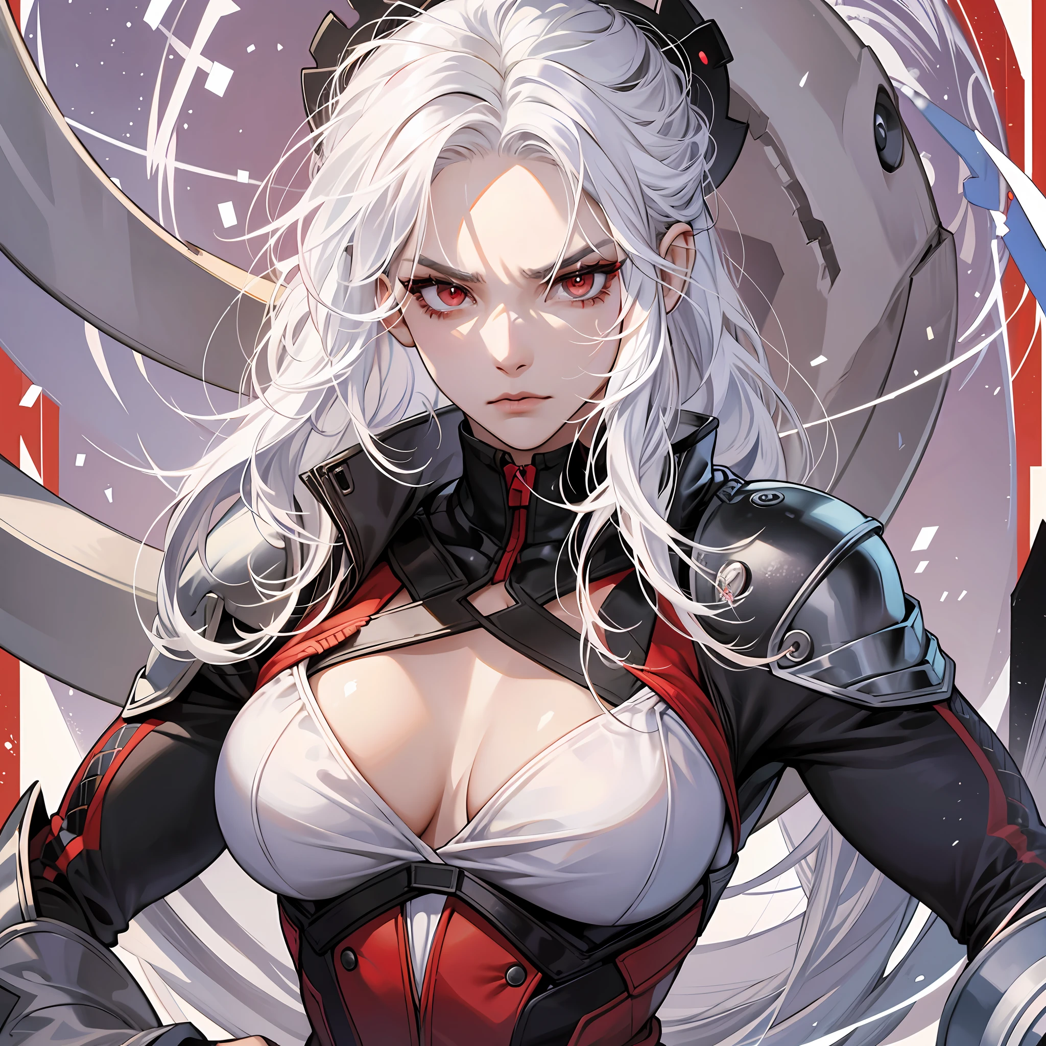 Lori, muscular, super muscular, white hair, red eyes, fierce eyes, fierce expression --auto --s2
