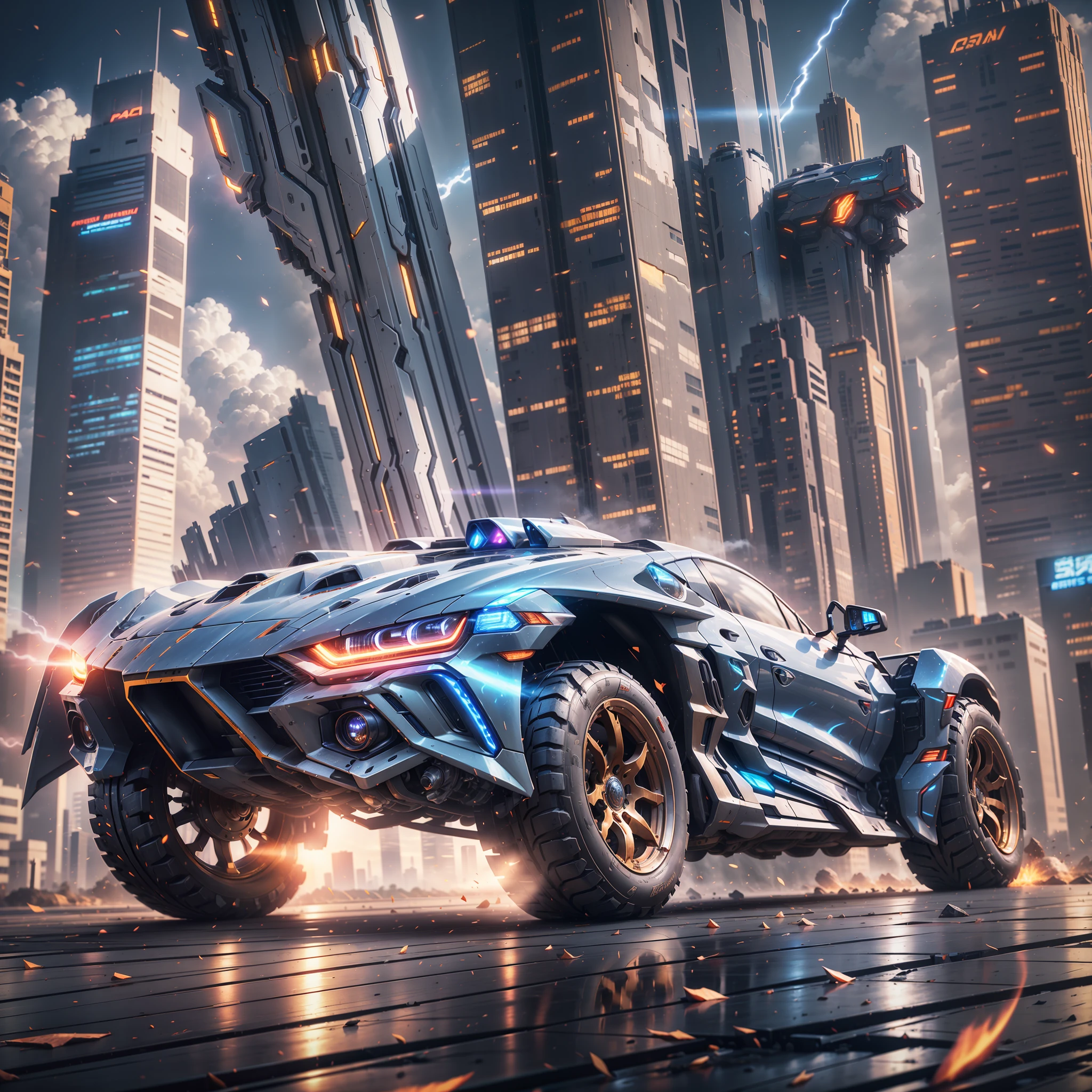 (A super mech sports car), laser energy cannon on the roof, facing the camera, tall buildings, energy cannon fire, tall and mighty, solid armor, futuristic technology, sharp lines, dynamic shapes, mechanical joints, armor plates, sensors, energy weapons, blazing energy, shining light, explosion effect, smoke and dust, tense atmosphere, (octane rendering: 1.4), best quality, (highly realistic), (super detail: 1.5), C4D rendering, cinematic quality