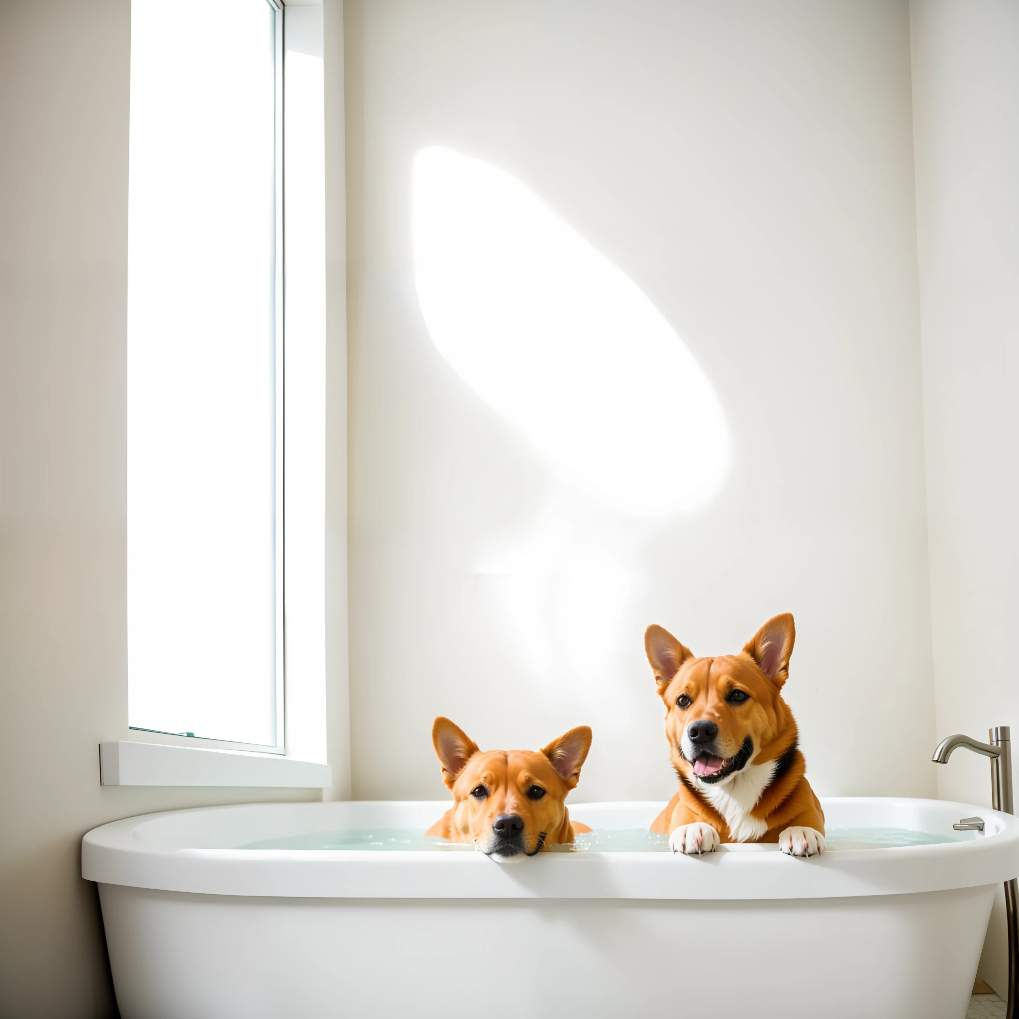 RAW photo, absurd, high quality, photorealistic, dog in bathtub with foam, inside bathroom, window, sunlight, 8k uhd, dslr, film grain, Fujifilm XT3, 20 megapixels, detailed, sharp focus,