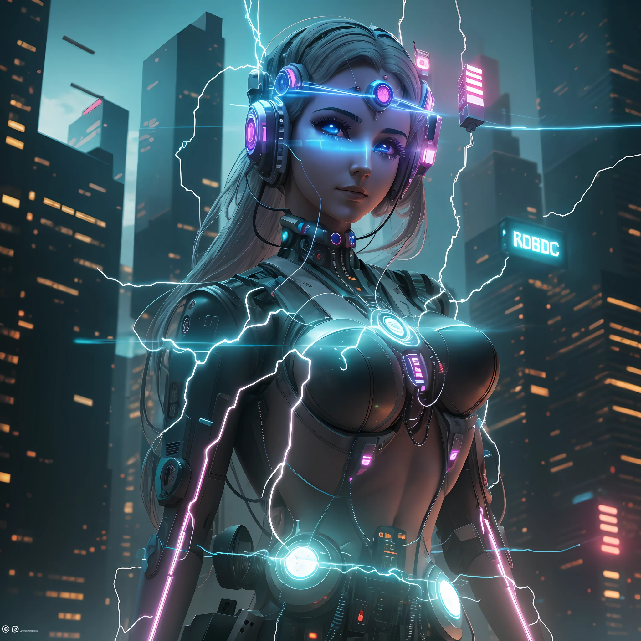 Goddess of electricity, electric currents in her body, robot around her, cyberpunk city ,4k,8k,ultra gráfica --auto --s2