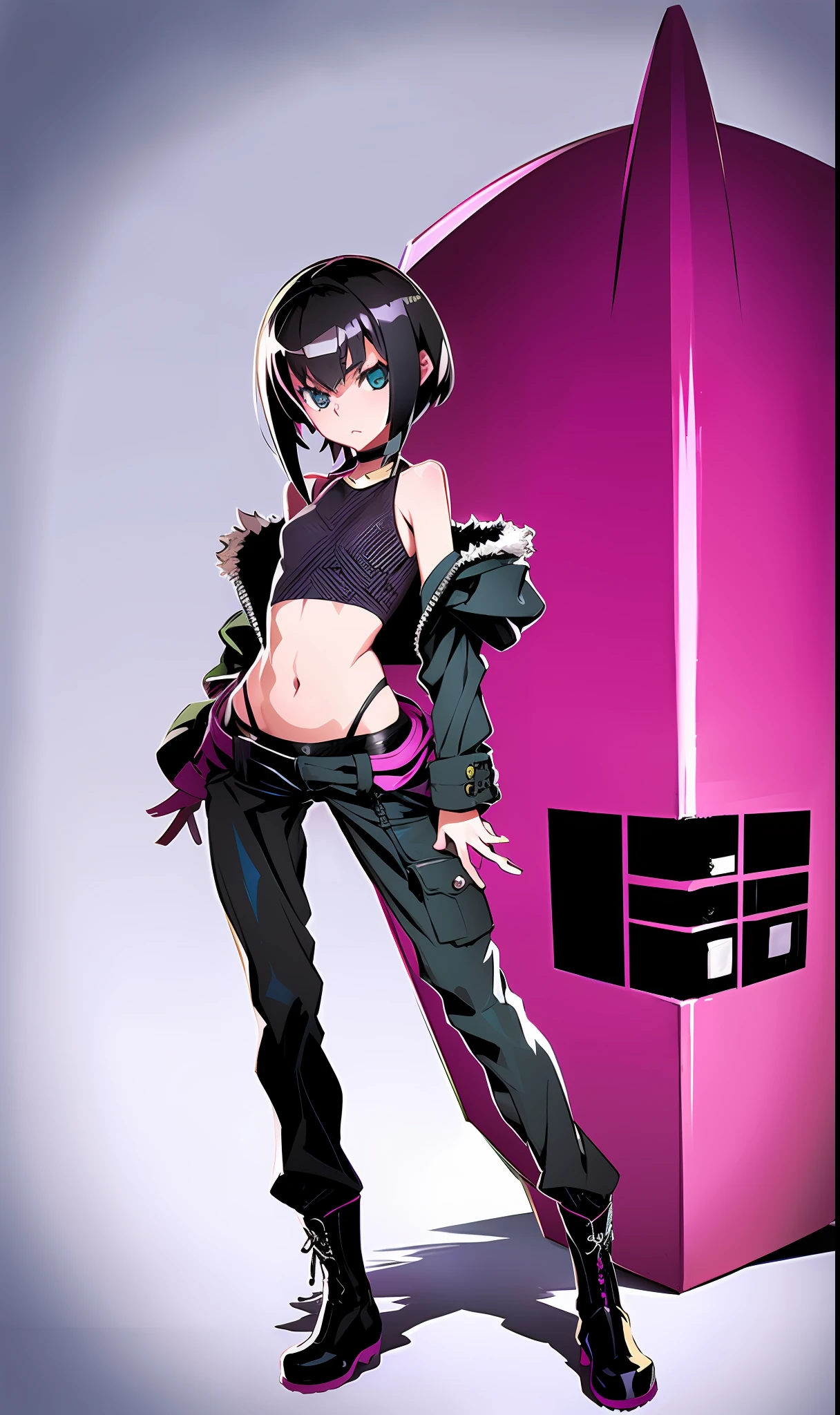 1girl, short hair, pixiv, shirow miwa, danbooru, black hair, slim waist, black baggy pants, chocker, crop top. full body, small chest
