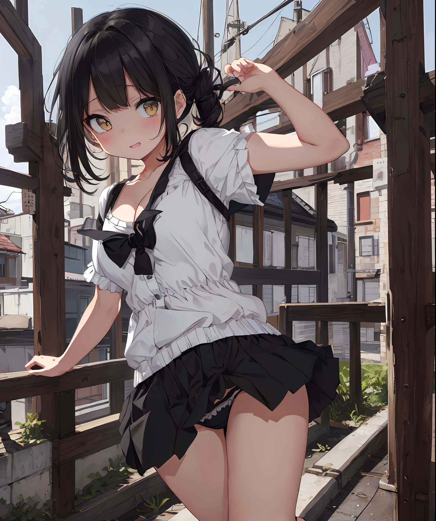 {{{masterpiece}}}, {{{best quality}}}, {{ultra-detailed}}, {illustration}, {{an extremely delicate and beautiful}},everyday, cute, girl, energetic, active, tomboy, jumping, black hair, cute panties, skirt fluttering and panties visible, You can see cleavage