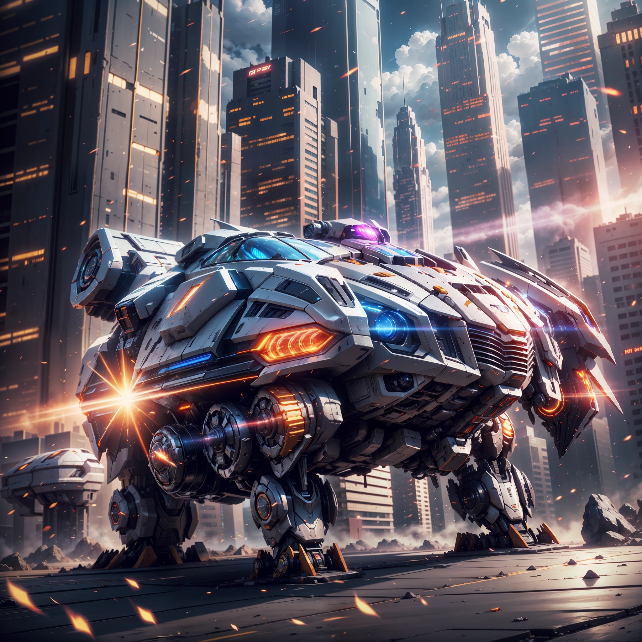 (A super mech sports car), laser energy cannon on the roof, facing the camera, tall buildings, energy cannon fire, tall and mighty, solid armor, futuristic technology, sharp lines, dynamic shapes, mechanical joints, armor plates, sensors, energy weapons, blazing energy, shining light, explosion effect, smoke and dust, tense atmosphere, (octane rendering: 1.4), best quality, (highly realistic), (super detail: 1.5), C4D rendering, cinematic quality