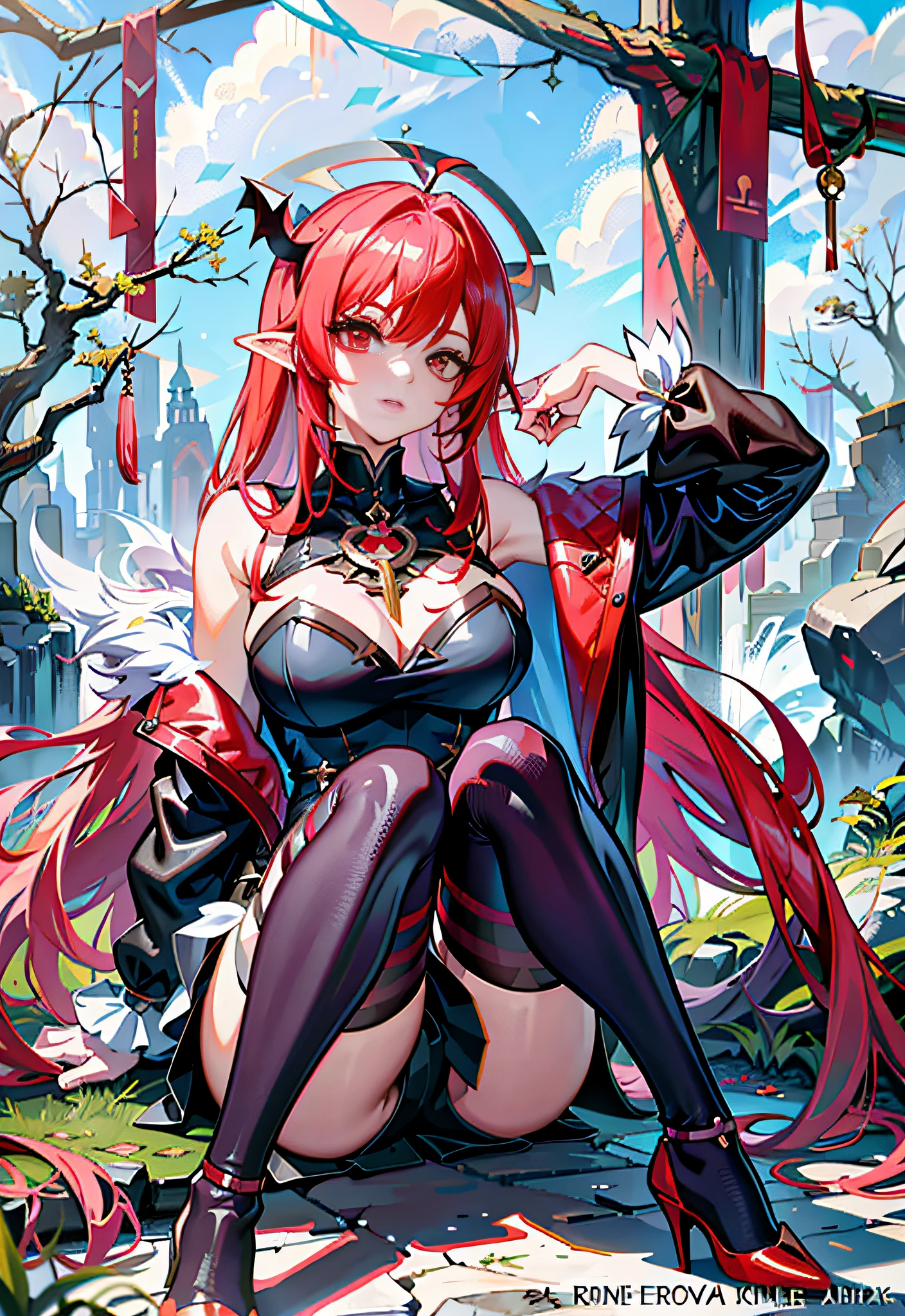 Anime girl sitting on a rock in the forest with redhead, Rias Gremori, Shar tears, a very beautiful berserker woman, angel anime girl, badass anime 8 K, Kusart Krenz key art feminization, Ayaka Genshin impact, Lili Ren anime girl, goth shoujo anime girl, zero zen art, popular on art station Pixiv, anime goddess, sexy high heels, beautiful high heels, beautiful stiletto heels