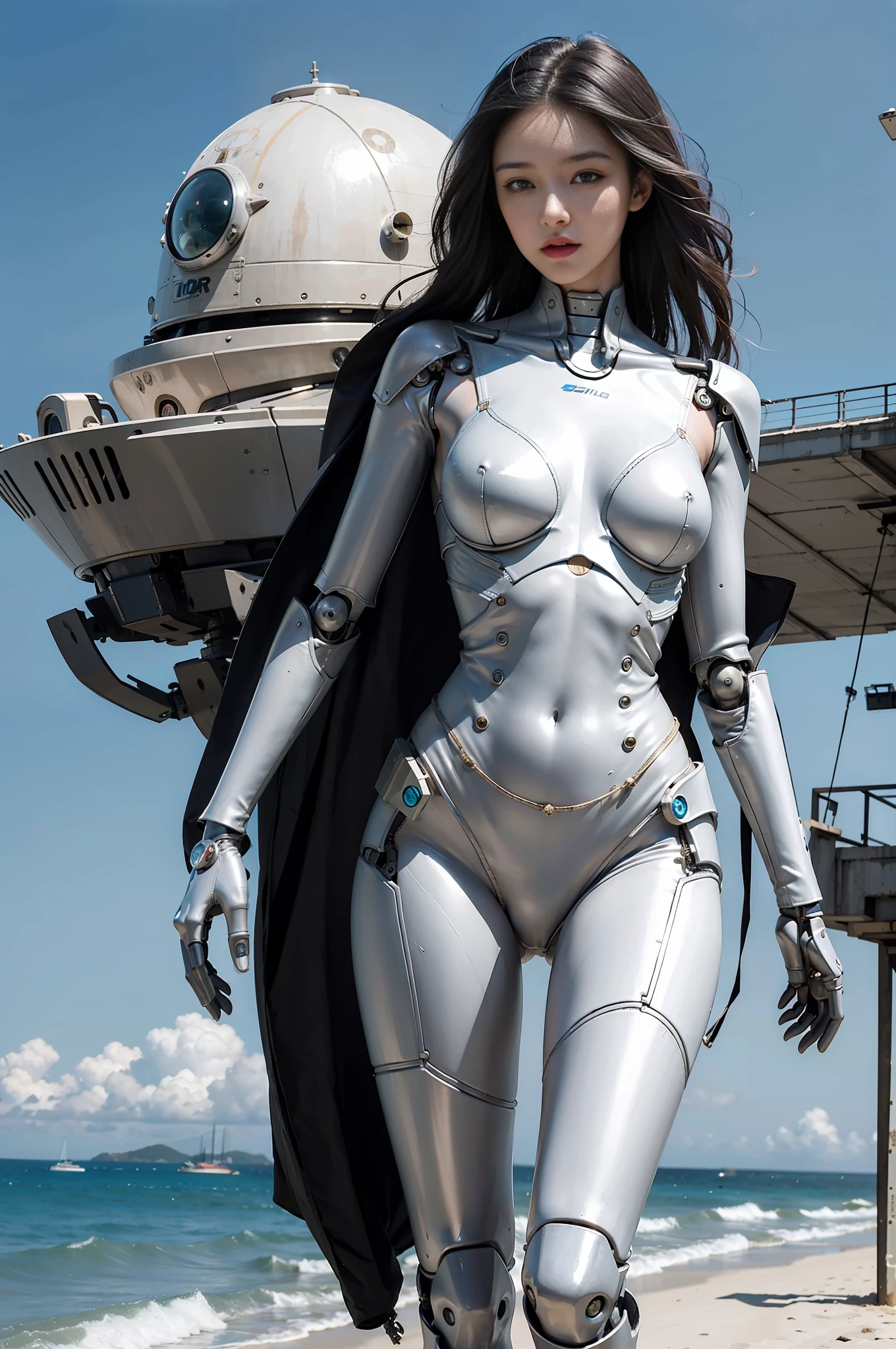 Best quality, exquisite face, 25-year-old girl, busty body, mechanical body, robot skeleton, seaside, standing, beach, with huge alien spaceship floating in the air, cyberpunk, sci-fi
