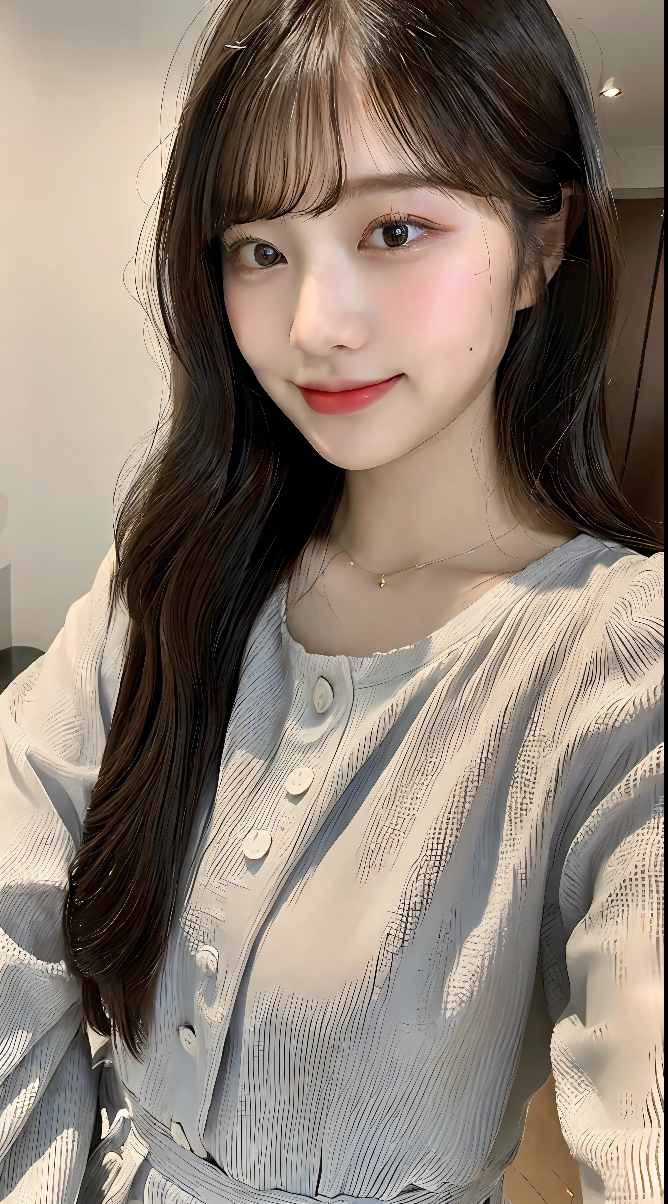 ((Top Quality, 8K, Masterpiece: 1.3)), 1 Girl, Fat, : 1.3, (Hairstyle Casual, Big: 1.2), Dress: 1.1, Ultra Slender Face, Delicate Eyes, Double Eyelids, Smile, Home